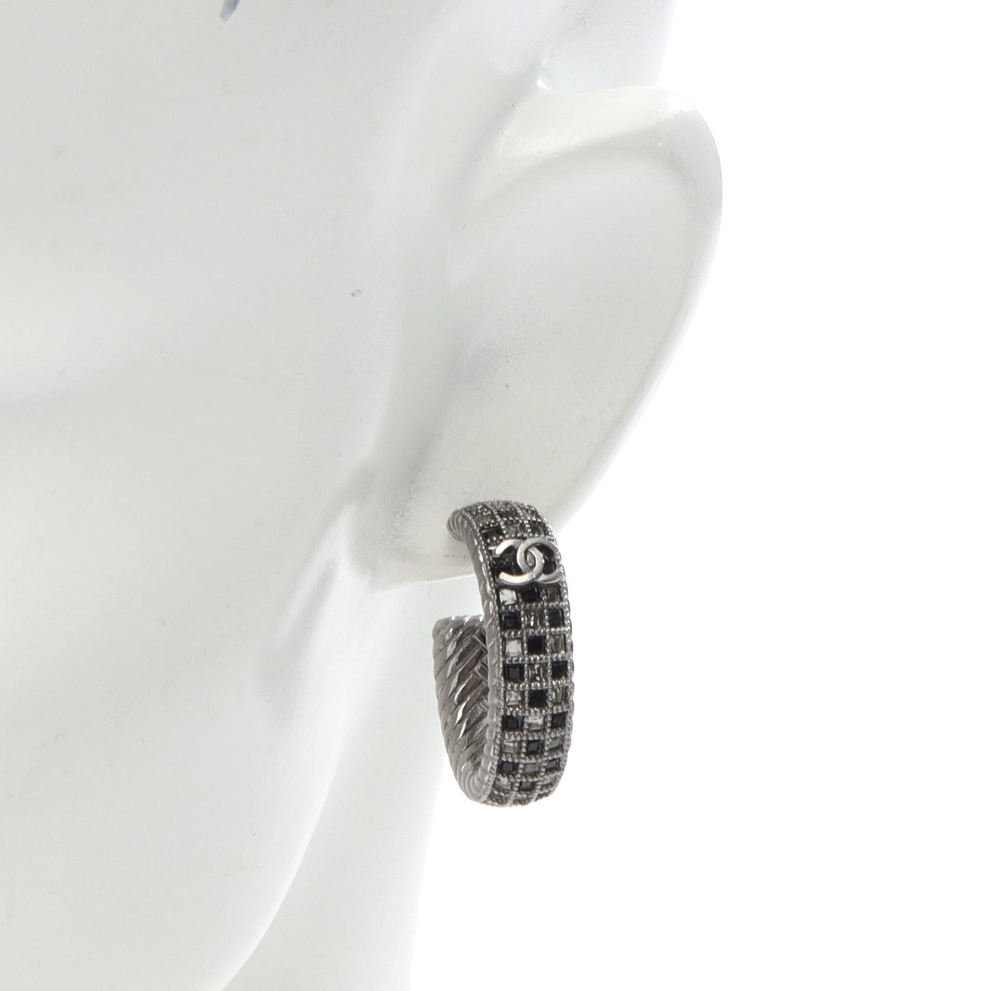 ココマーク フープ ピアス ラインストーン シルバー クリア ブラック A16S シャネル アクセサリー CHANEL
