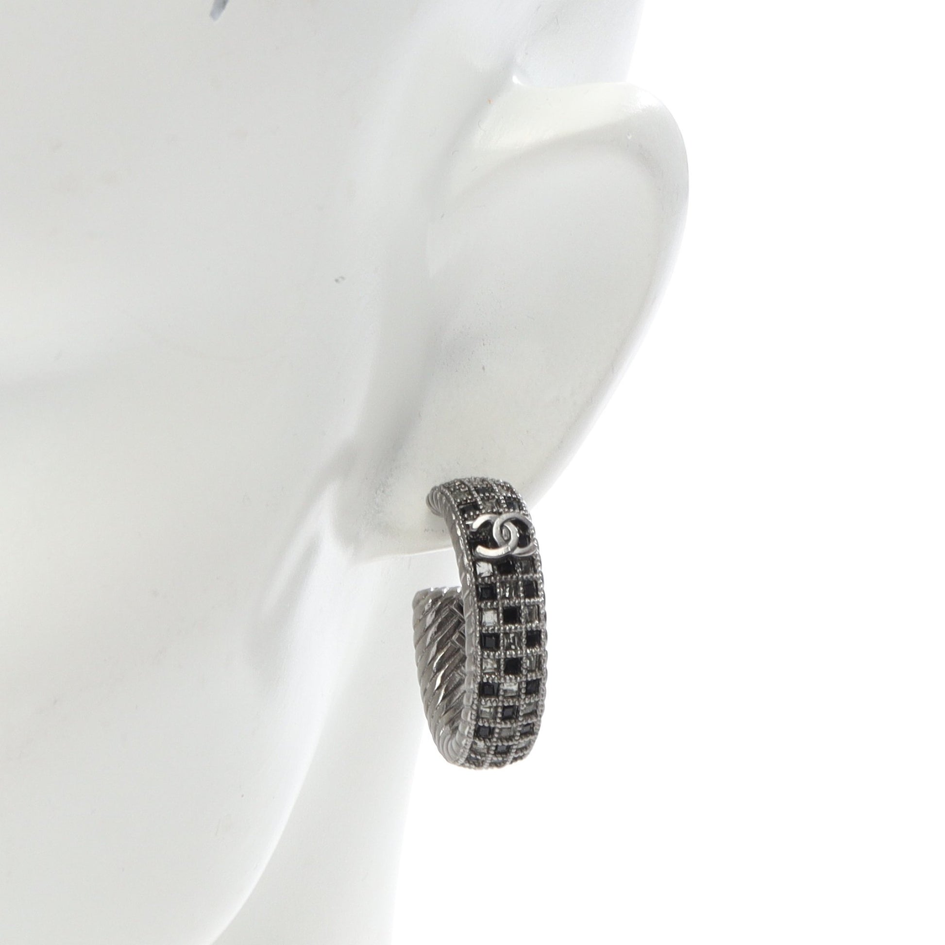 ココマーク フープ ピアス ラインストーン シルバー クリア ブラック A16S シャネル アクセサリー CHANEL