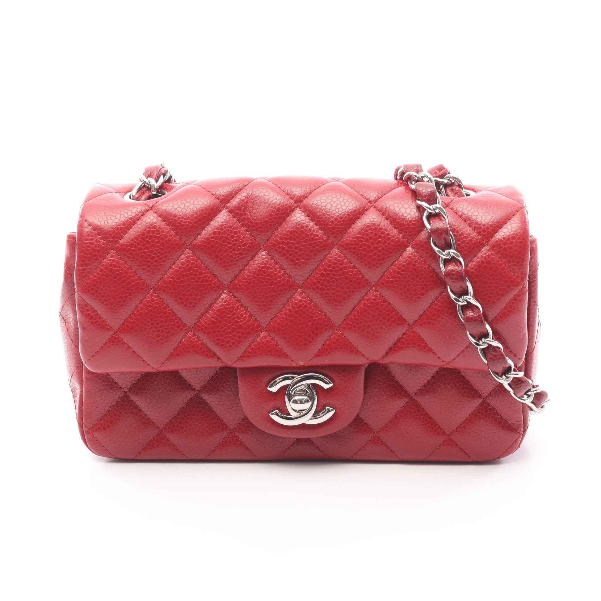 ミニマトラッセ20 チェーンショルダーバッグ ソフトキャビアスキン レッド シルバー金具 シャネル バッグ CHANEL