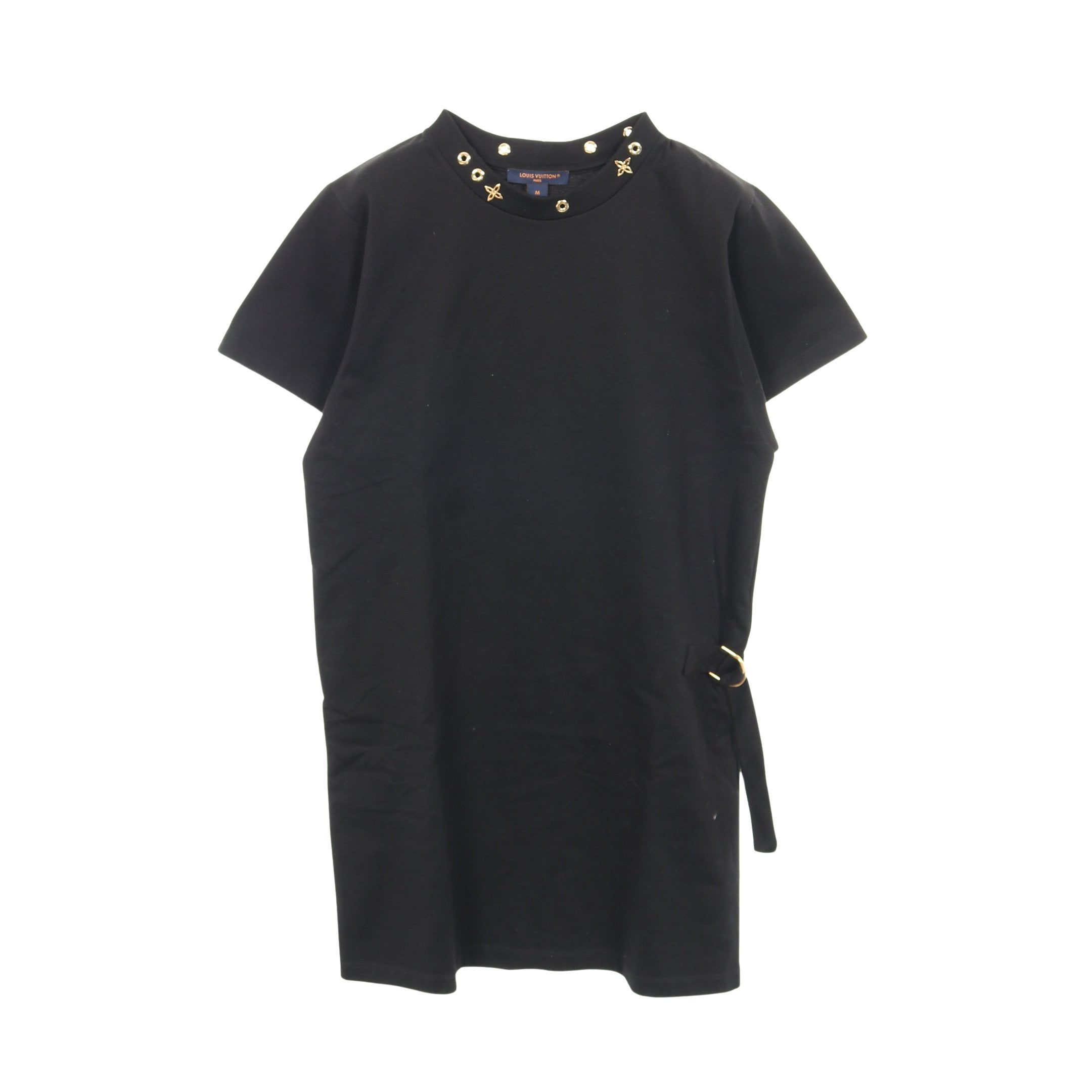 ワンピース クルーネック 半袖 コットン ブラック サイドストラップ