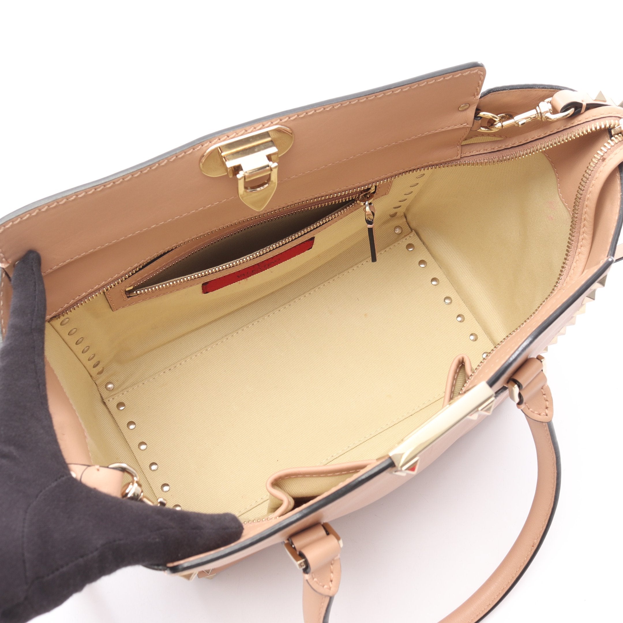 ロックスタッズ ハンドバッグ レザー ピンクベージュ 2WAY