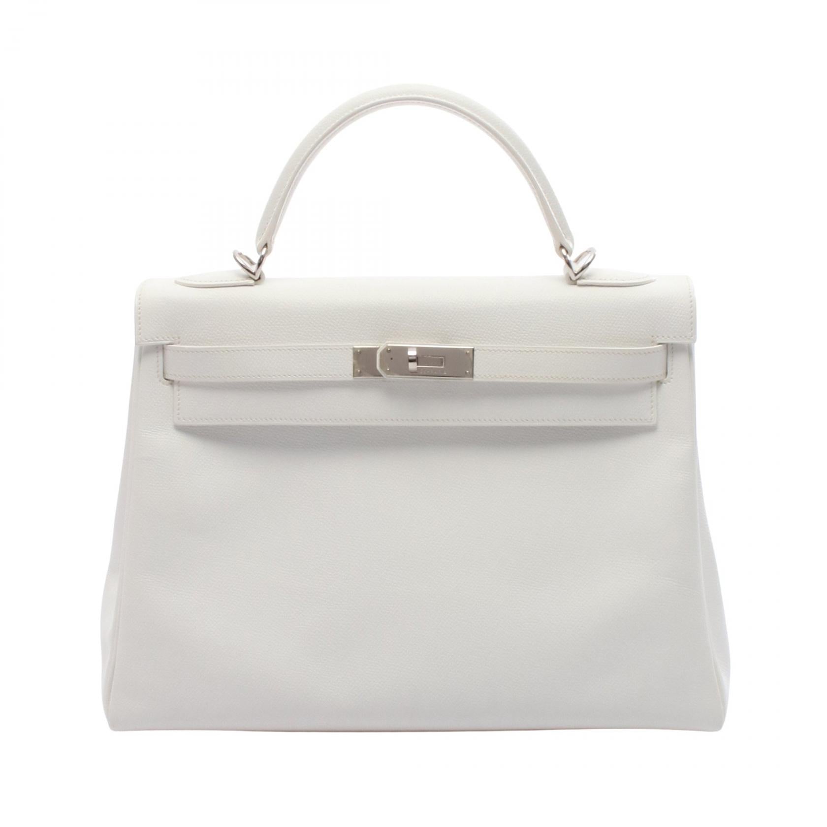 ケリー32 ハンドバッグ ヴォーエプソン ホワイト シルバー金具 内縫い 2WAY □H刻印 エルメス バッグ HERMES
