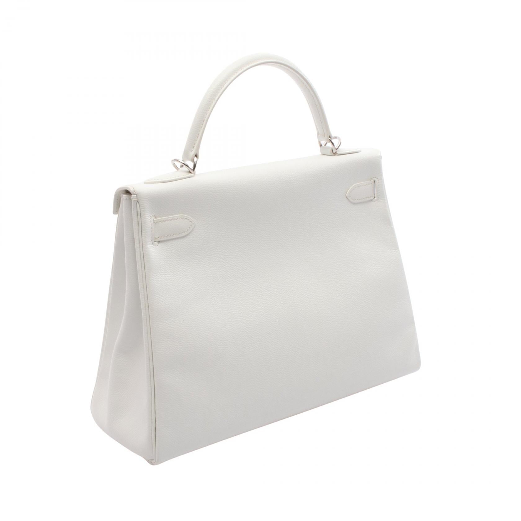 ケリー32 ハンドバッグ ヴォーエプソン ホワイト シルバー金具 内縫い 2WAY □H刻印 エルメス バッグ HERMES