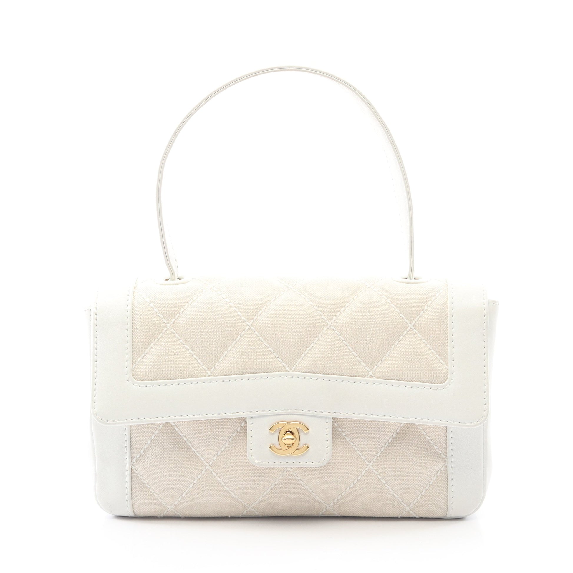 ワイルドステッチ ハンドバッグ キャンバス レザー ベージュ ホワイト ゴールド金具 シャネル バッグ CHANEL
