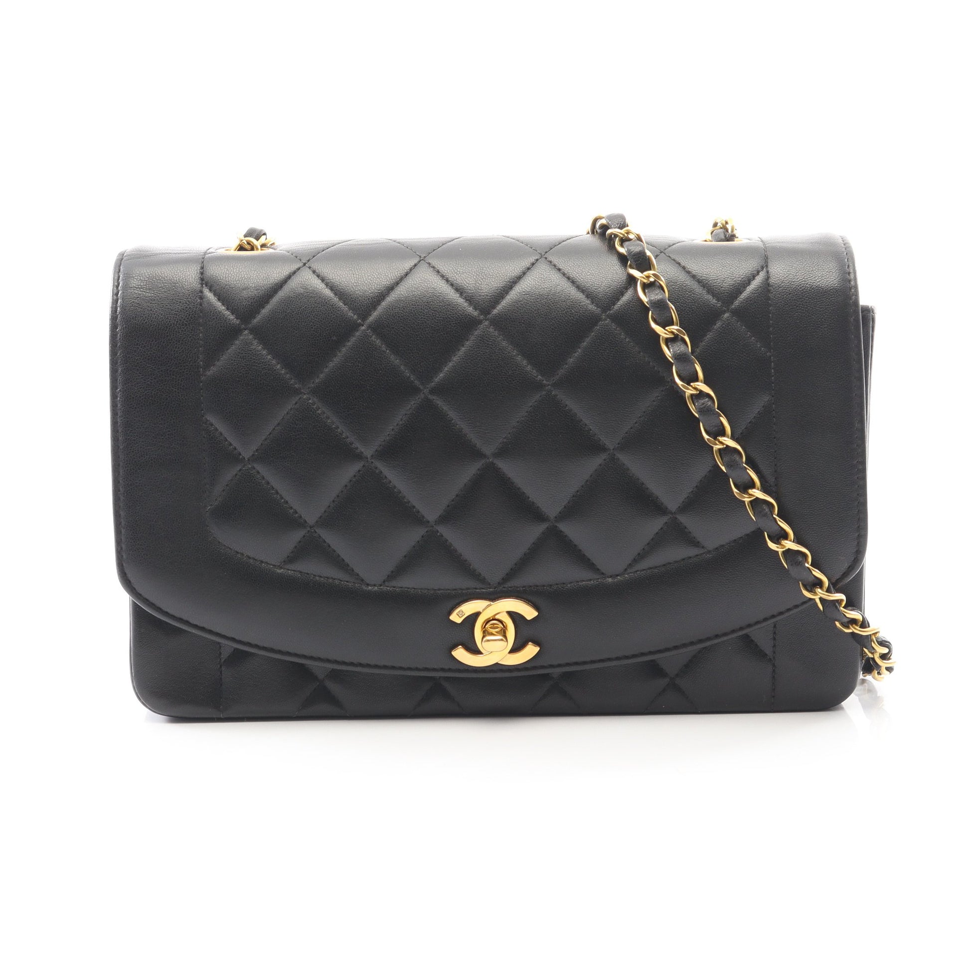 マトラッセ ダイアナフラップ チェーンショルダーバッグ ラムスキン ブラック ゴールド金具 シャネル バッグ CHANEL