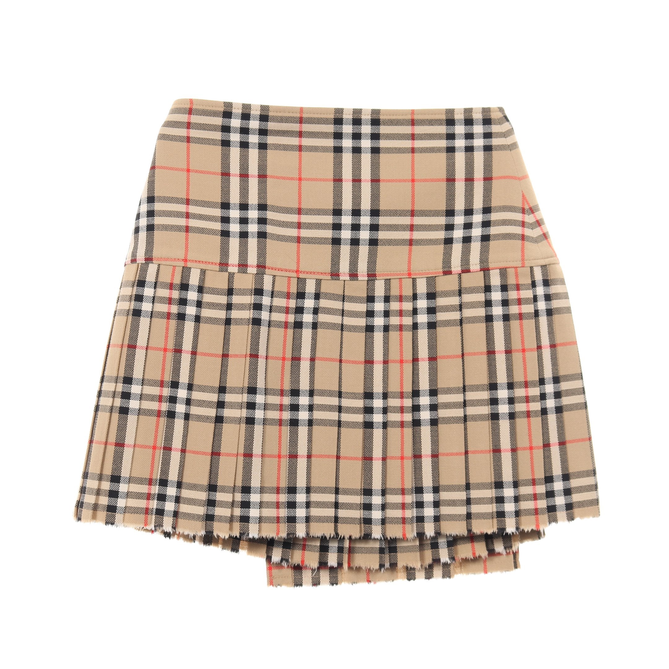 チェック ミニプリーツスカート ラップスカート ウール ベージュ
