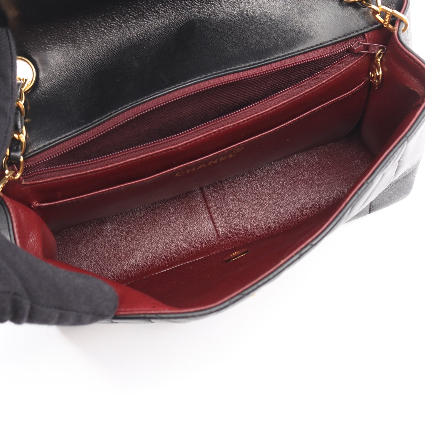 マトラッセ ダイアナフラップ チェーンショルダーバッグ ラムスキン ブラック ゴールド金具 シャネル バッグ CHANEL