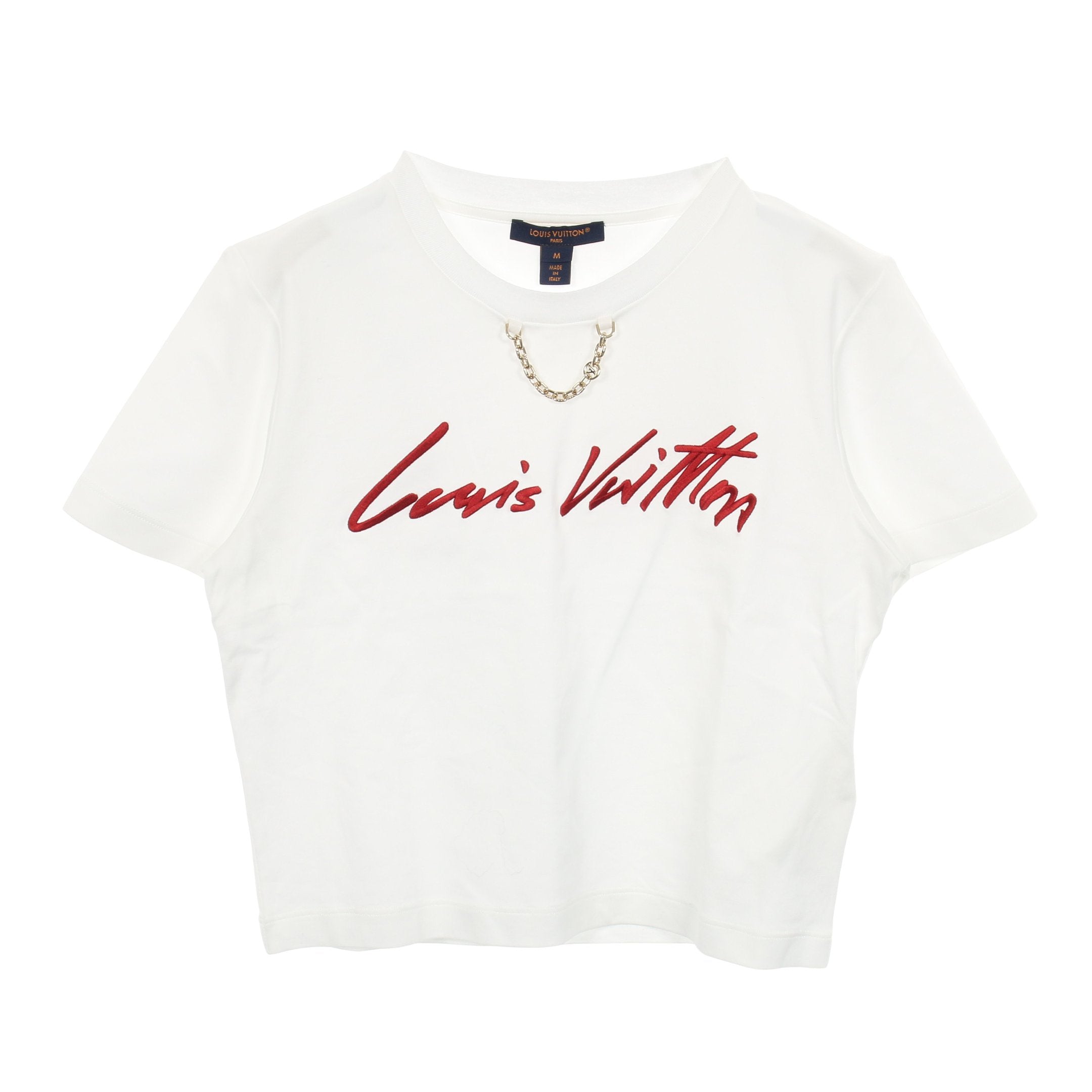 ロゴ刺繍 半袖Tシャツ コットン ホワイト レッド チェーン付き ロゴ刺繍 半袖Tシャツ コットン ホワイト レッド チェーン付き