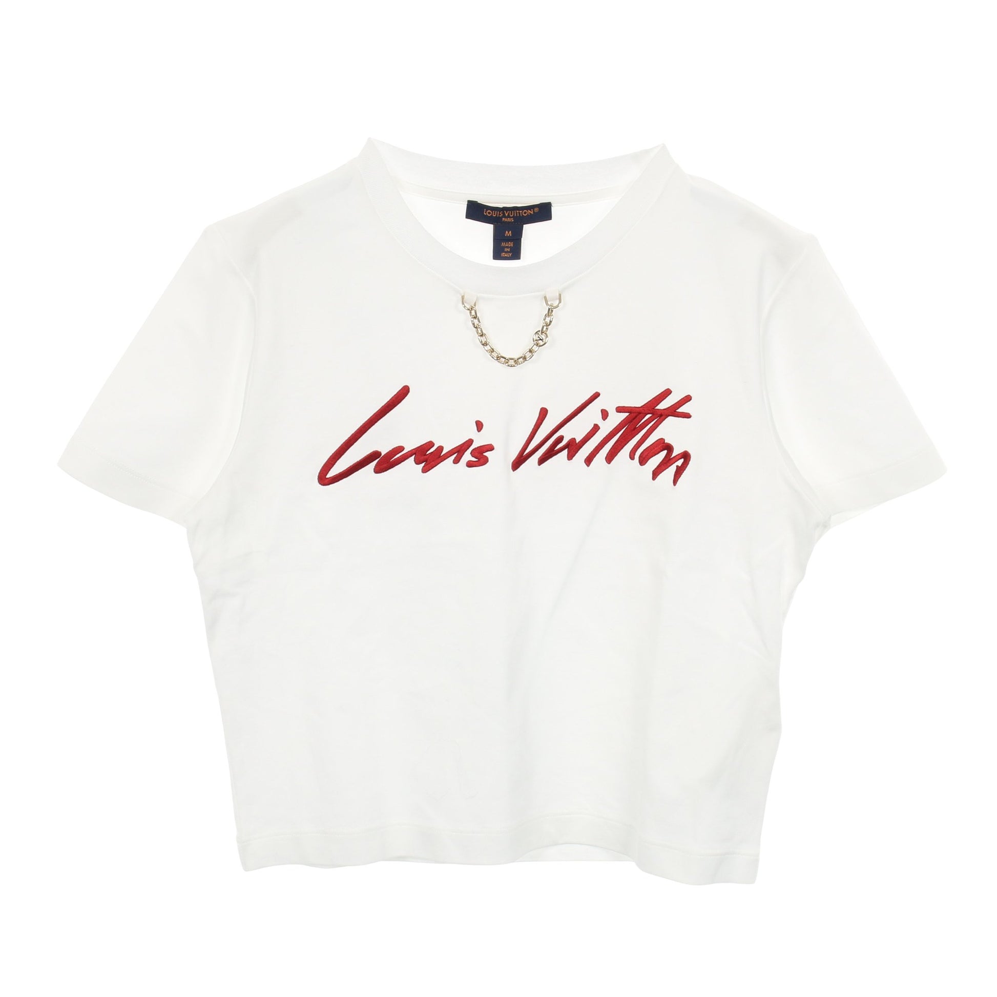 ロゴ刺繍 半袖Tシャツ コットン ホワイト レッド チェーン付き ルイヴィトン トップス LOUIS VUITTON