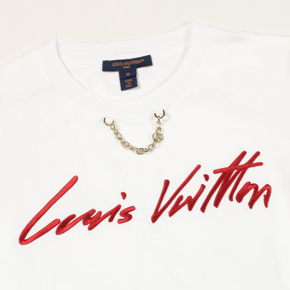 ロゴ刺繍 半袖Tシャツ コットン ホワイト レッド チェーン付き ルイヴィトン トップス LOUIS VUITTON