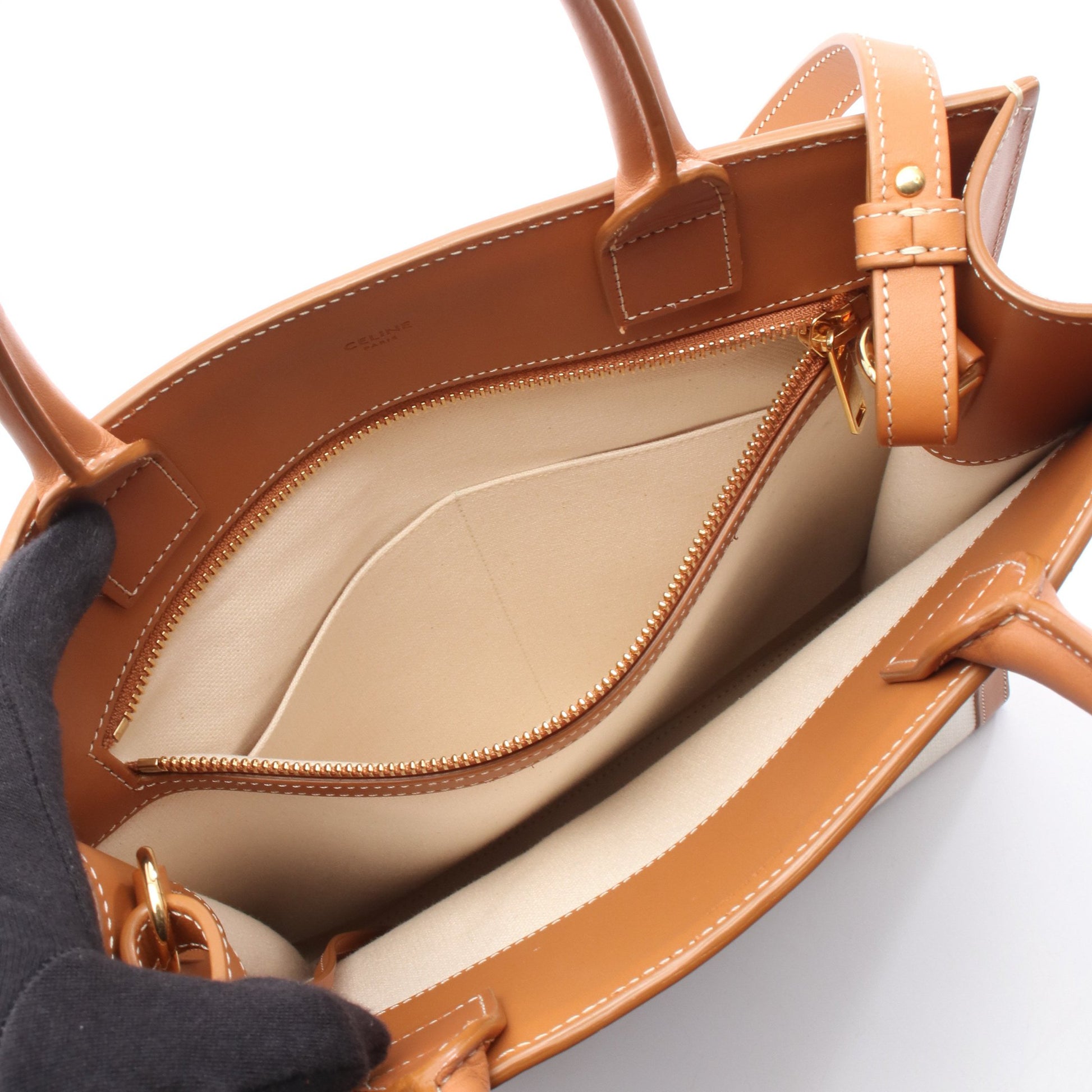 スモール バーティカル カバ ハンドバッグ トートバッグ キャンバス レザー アイボリー ブラウン 2WAY セリーヌ バッグ CELINE