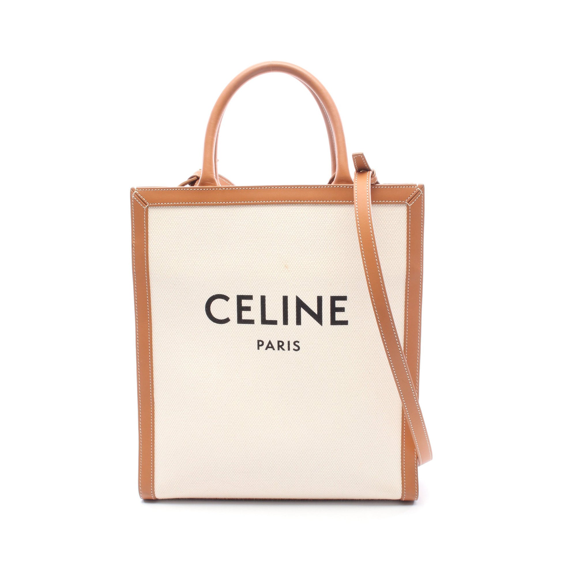 スモール バーティカル カバ ハンドバッグ トートバッグ キャンバス レザー アイボリー ブラウン 2WAY セリーヌ バッグ CELINE