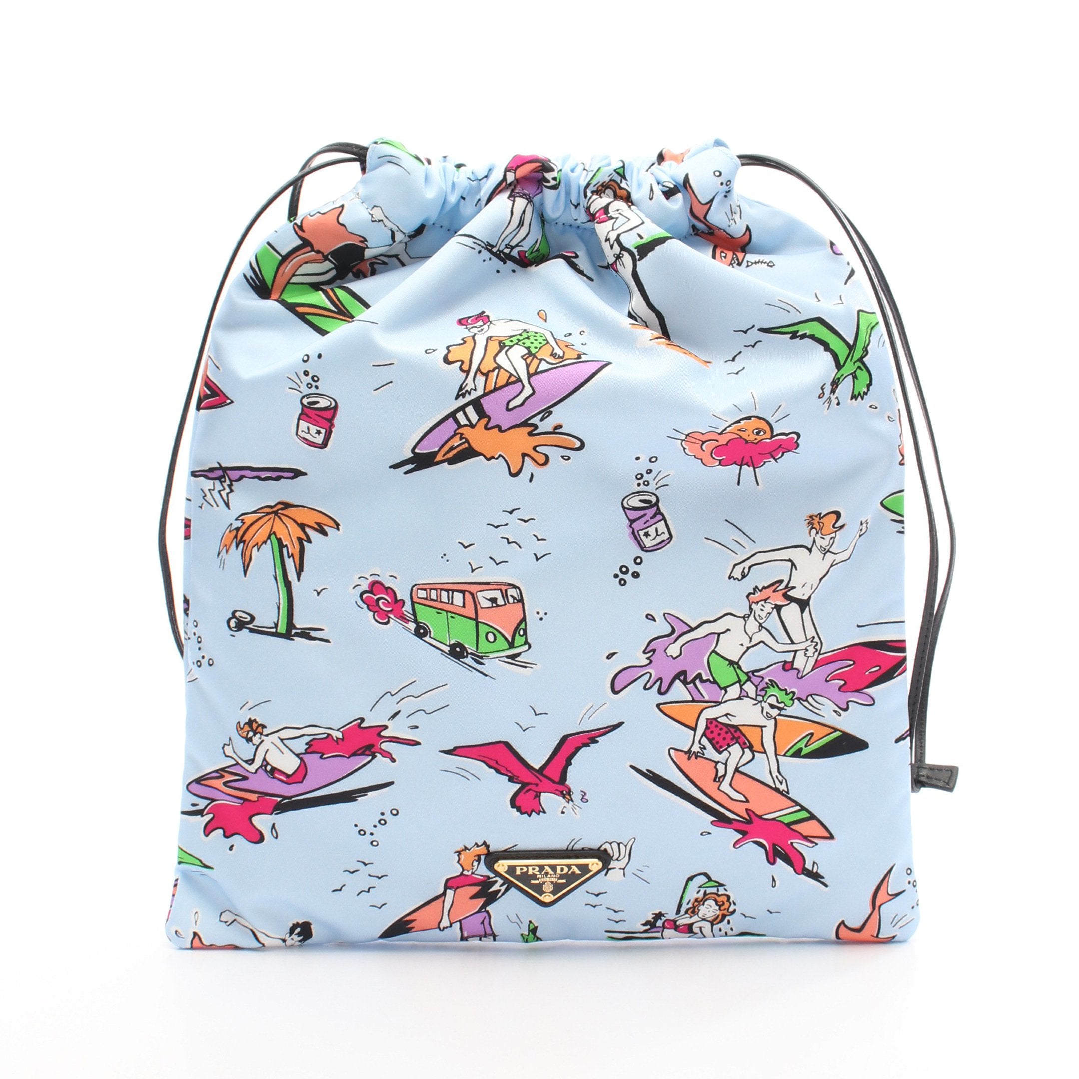 Re-Nylon サーフィン柄 ポーチ ナイロン レザー ライトブルー マルチ