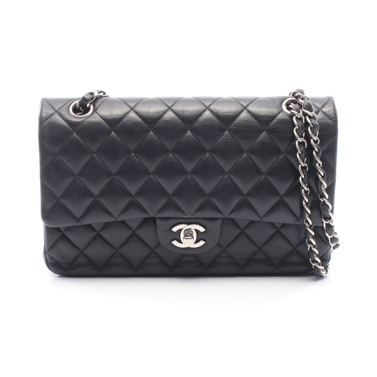 マトラッセ Wフラップ Wチェーンショルダーバッグ ラムスキン ブラック シルバー金具 シャネル バッグ CHANEL