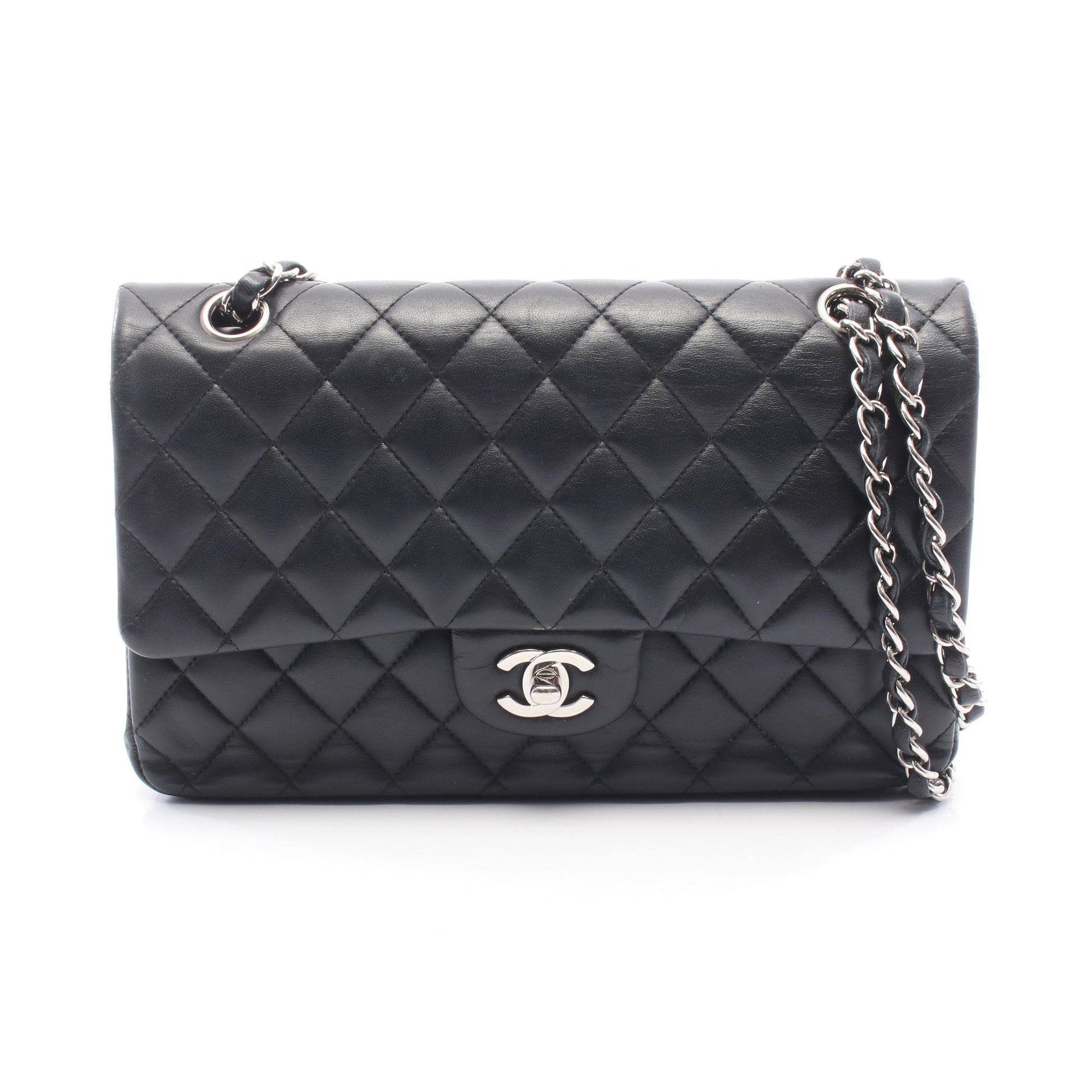 マトラッセ Wフラップ Wチェーンショルダーバッグ ラムスキン ブラック シルバー金具 シャネル バッグ CHANEL