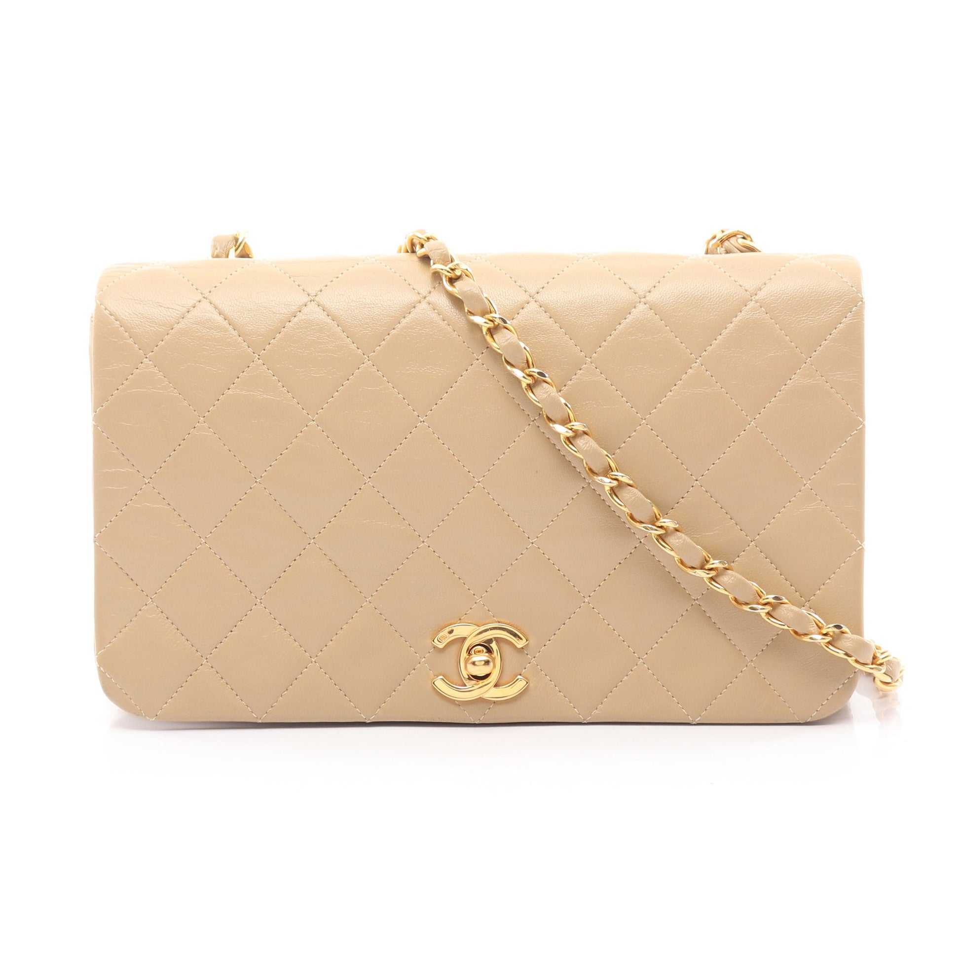 マトラッセ フルフラップ チェーンショルダーバッグ ラムスキン ベージュ ゴールド金具 シャネル バッグ CHANEL