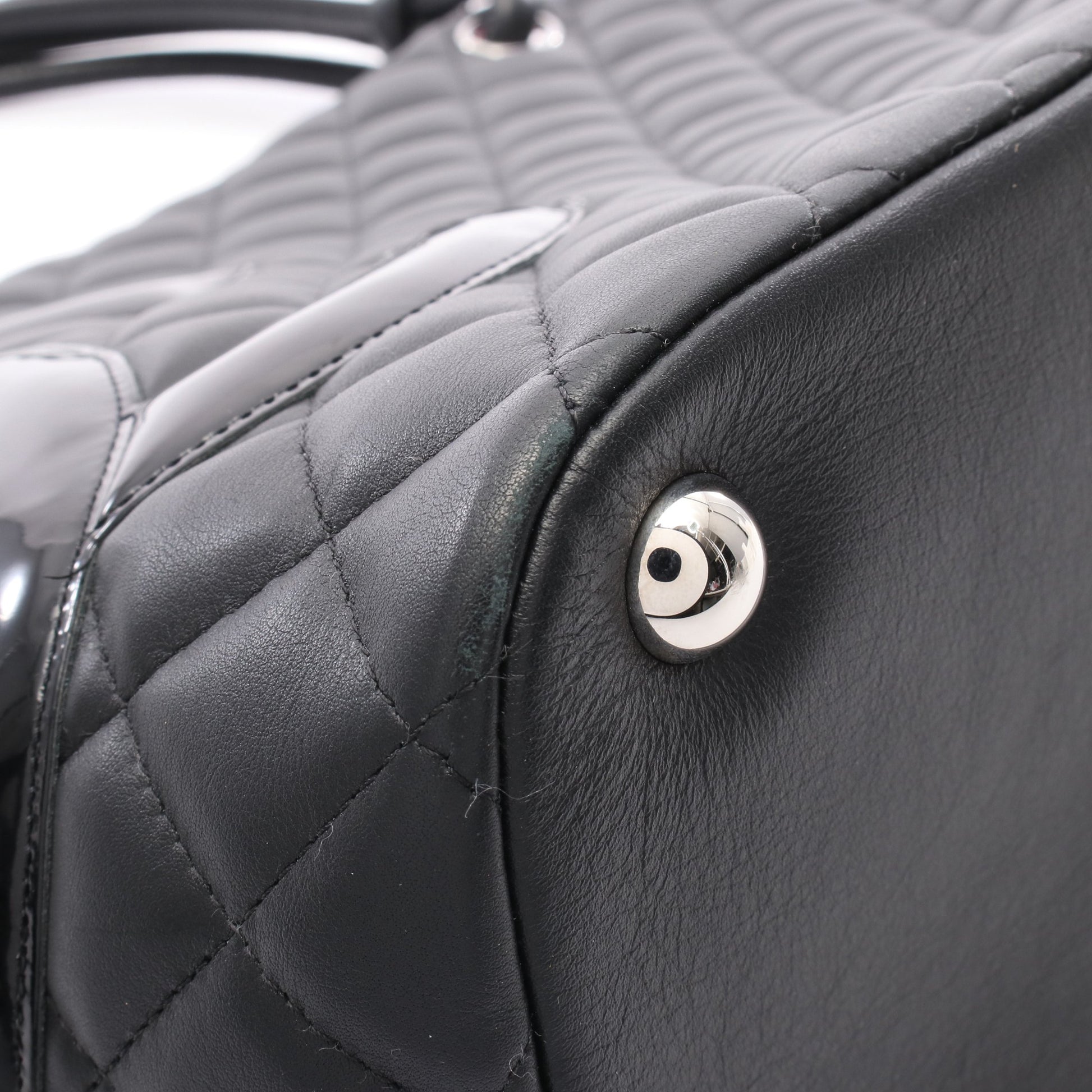 カンボンライン ラージ ショルダーバッグ トートバッグ レザー エナメルレザー ブラック シルバー金具 シャネル バッグ CHANEL