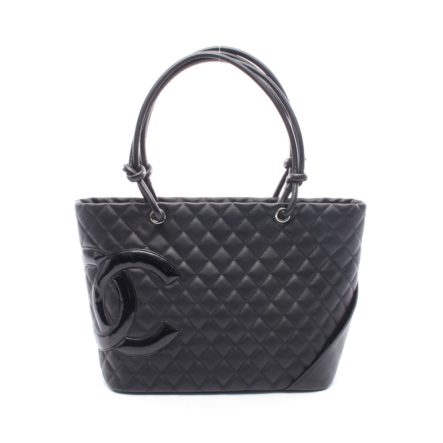 カンボンライン ラージ ショルダーバッグ トートバッグ レザー エナメルレザー ブラック シルバー金具 シャネル バッグ CHANEL