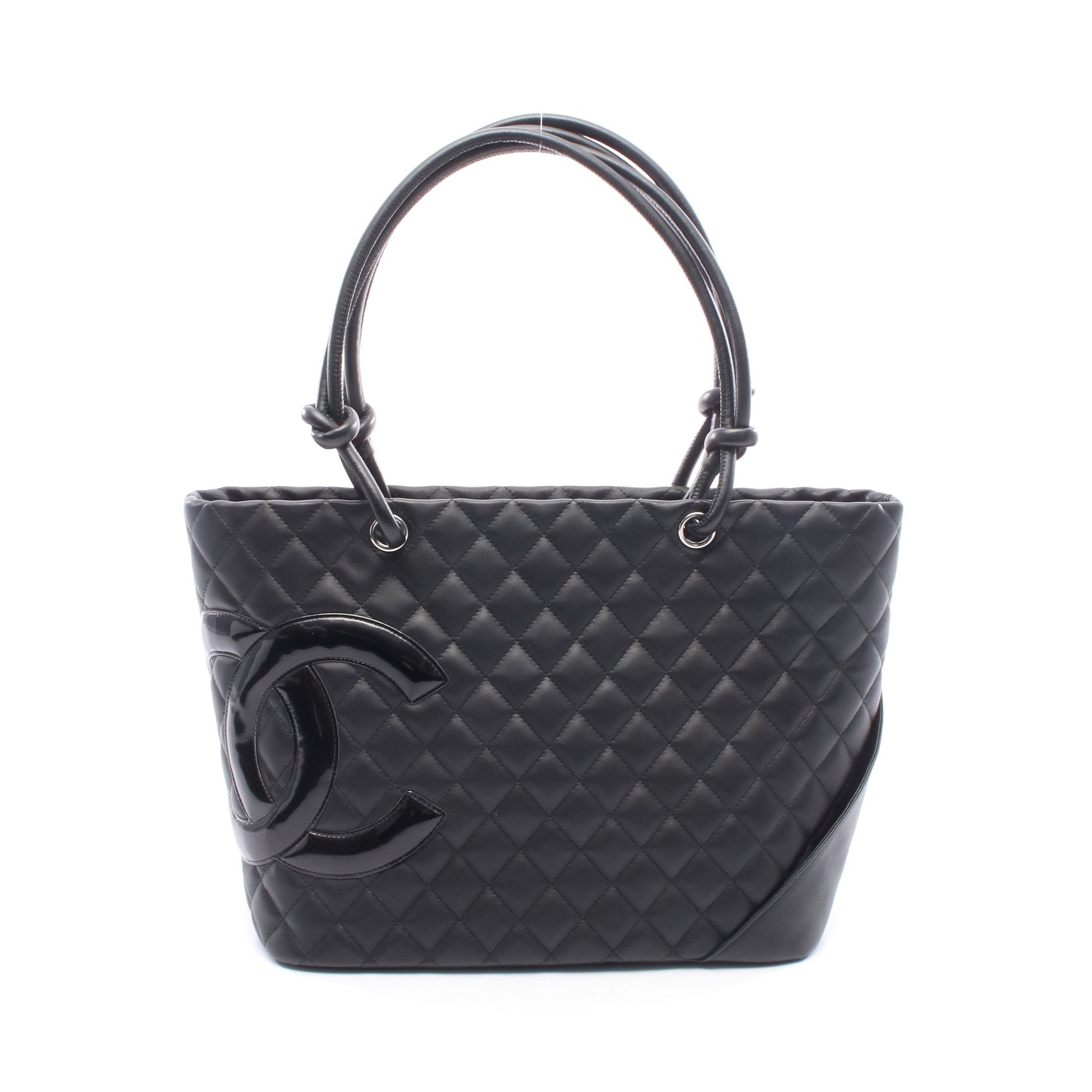 カンボンライン ラージ ショルダーバッグ トートバッグ レザー エナメルレザー ブラック シルバー金具 シャネル バッグ CHANEL