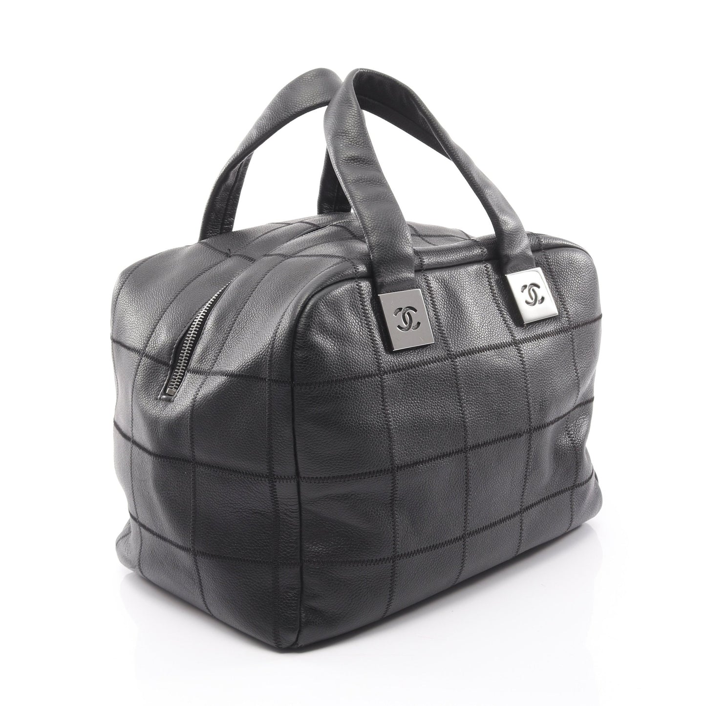 チョコバー ハンドバッグ ミニボストンバッグ キャビアスキン ブラック シルバー金具 シャネル バッグ CHANEL