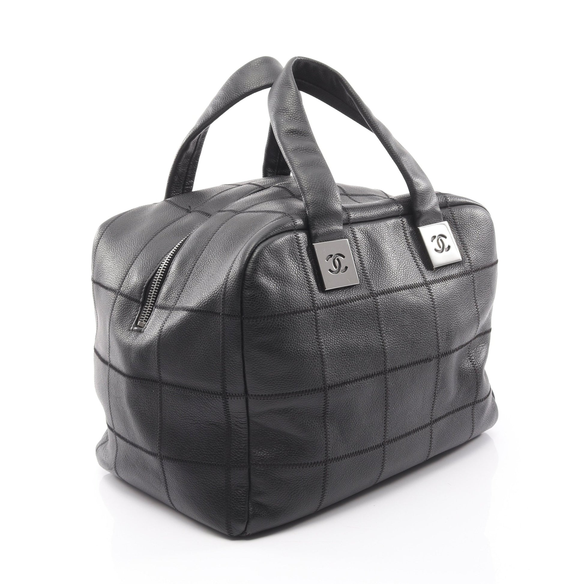 チョコバー ハンドバッグ ミニボストンバッグ キャビアスキン ブラック シルバー金具 シャネル バッグ CHANEL