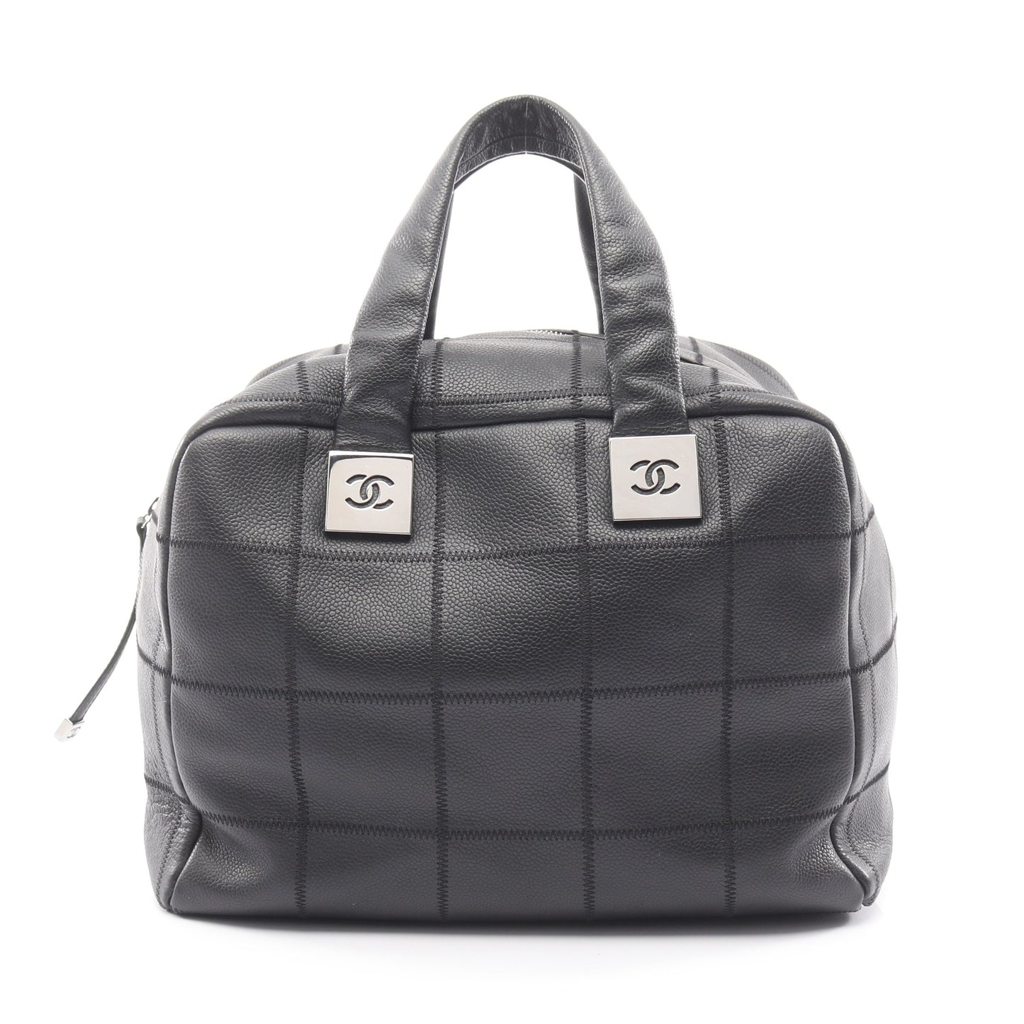チョコバー ハンドバッグ ミニボストンバッグ キャビアスキン ブラック シルバー金具 シャネル バッグ CHANEL