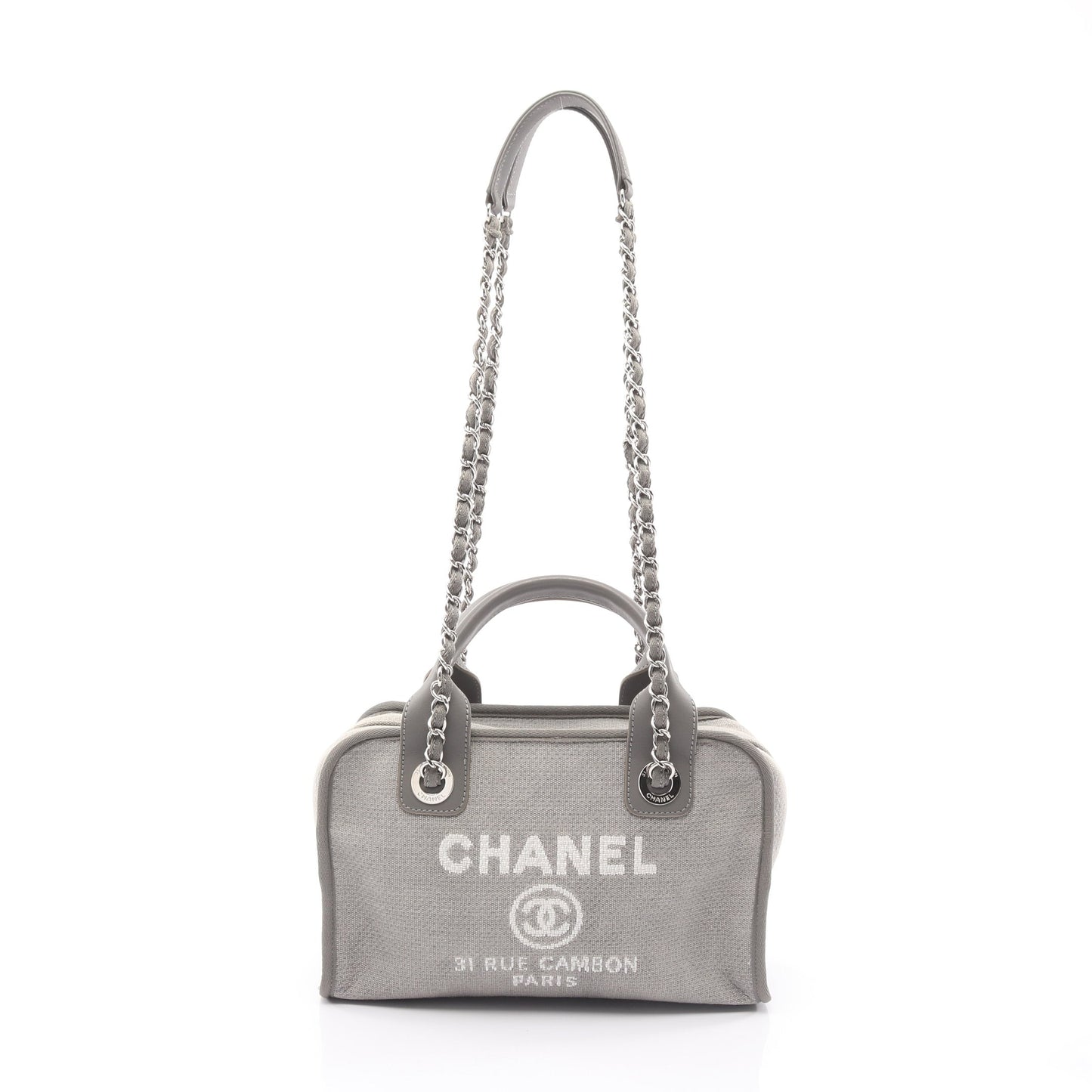 ドーヴィル ボーリングバッグ チェーンショルダーバッグ キャンバス レザー グレー シルバー金具 2WAY シャネル バッグ CHANEL