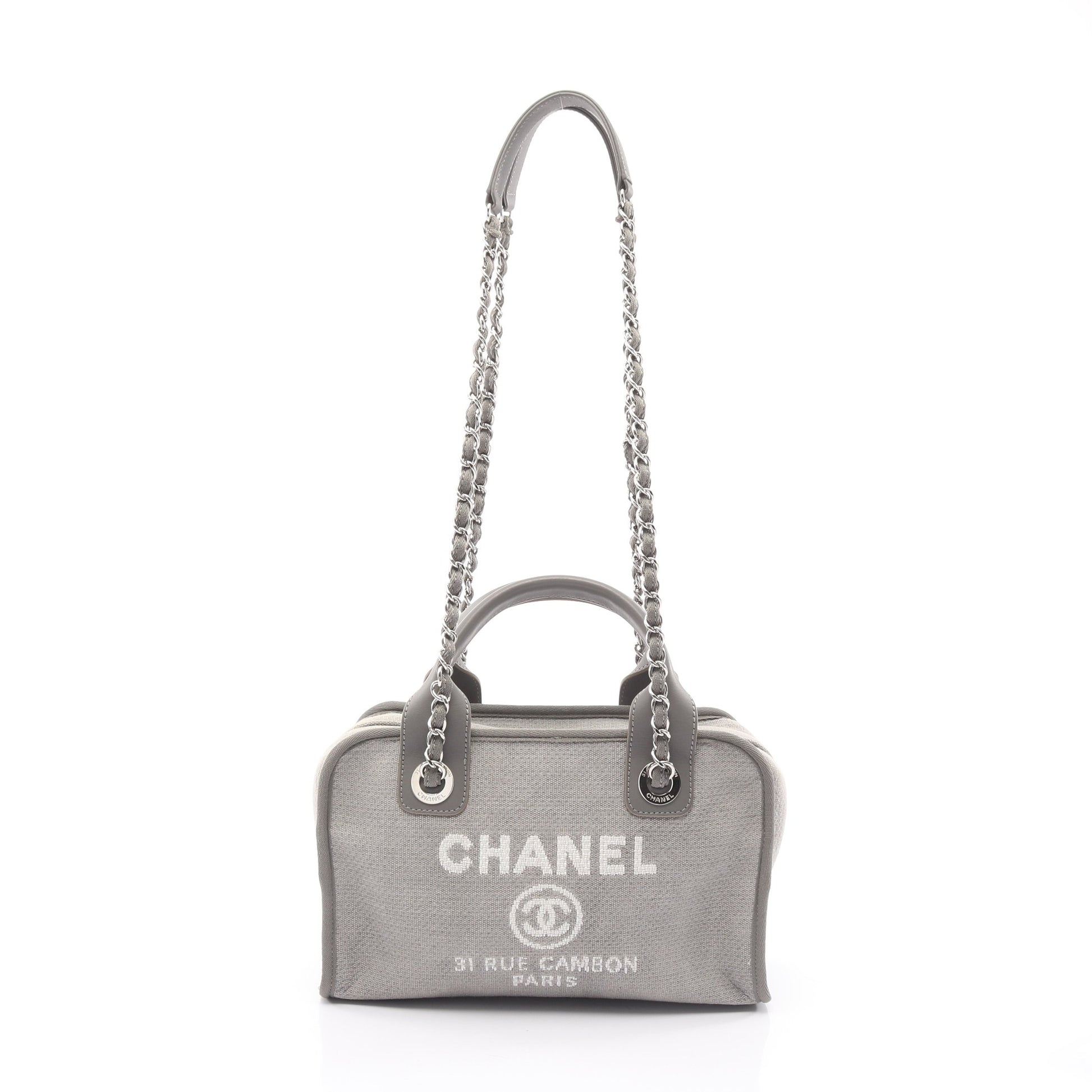ドーヴィル ボーリングバッグ チェーンショルダーバッグ キャンバス レザー グレー シルバー金具 2WAY シャネル バッグ CHANEL