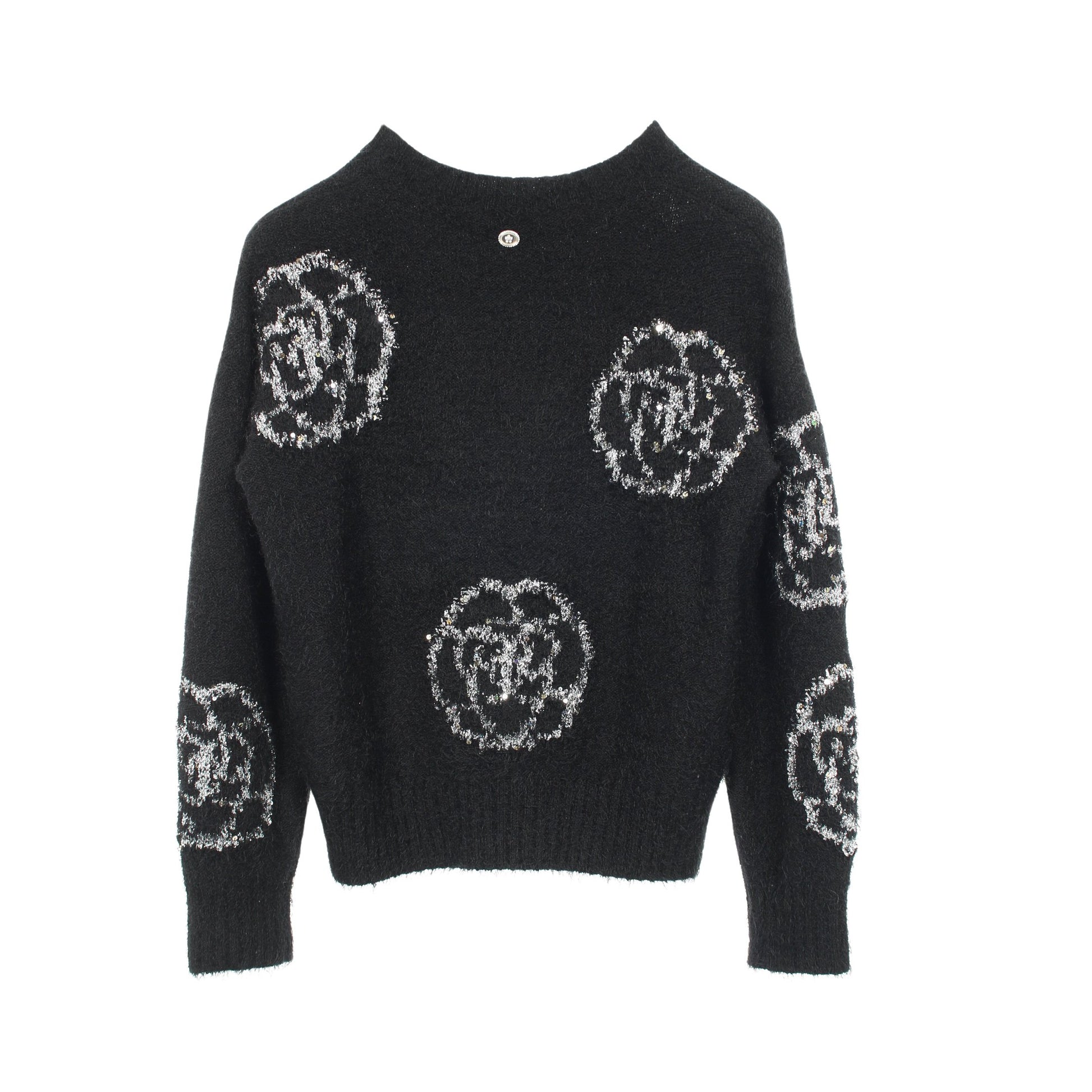 カメリア ニット クルーネック シルク カシミヤ ウール ブラック スパンコール シャネル トップス CHANEL