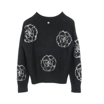 カメリア ニット クルーネック シルク カシミヤ ウール ブラック スパンコール シャネル トップス CHANEL