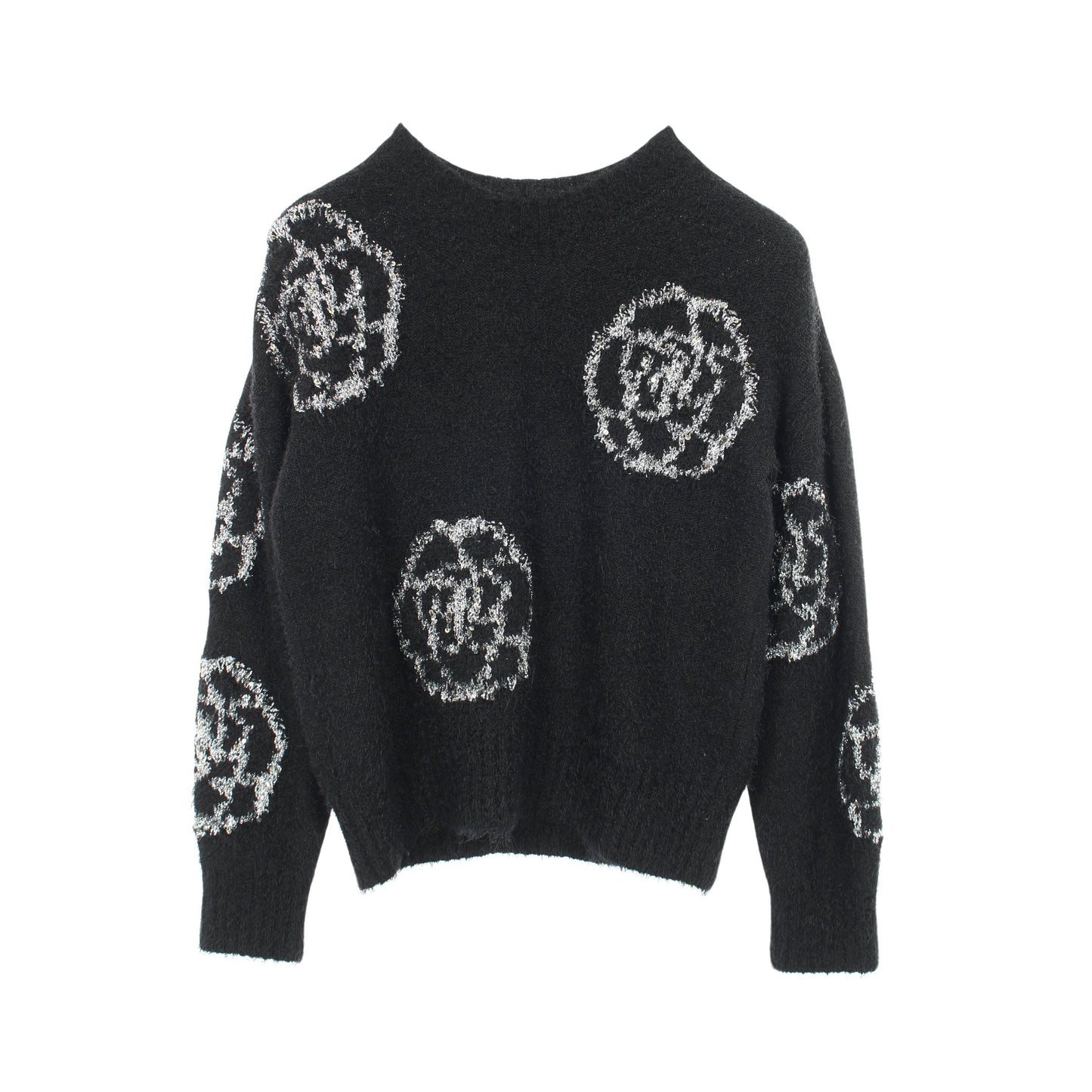 カメリア ニット クルーネック シルク カシミヤ ウール ブラック スパンコール シャネル トップス CHANEL