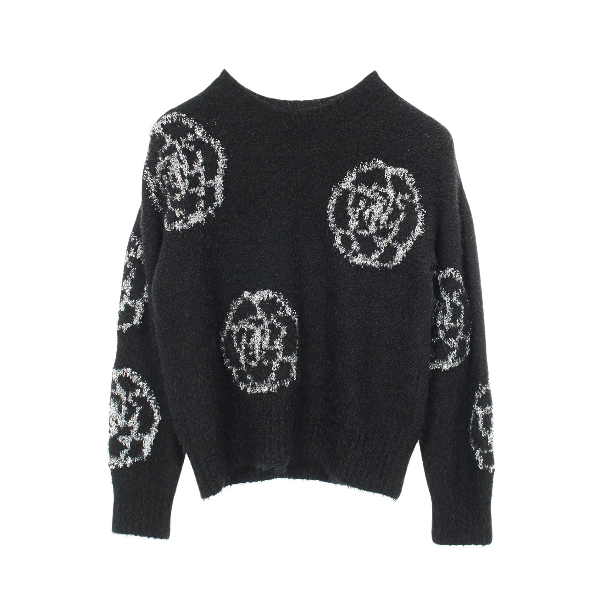 カメリア ニット クルーネック シルク カシミヤ ウール ブラック スパンコール シャネル トップス CHANEL
