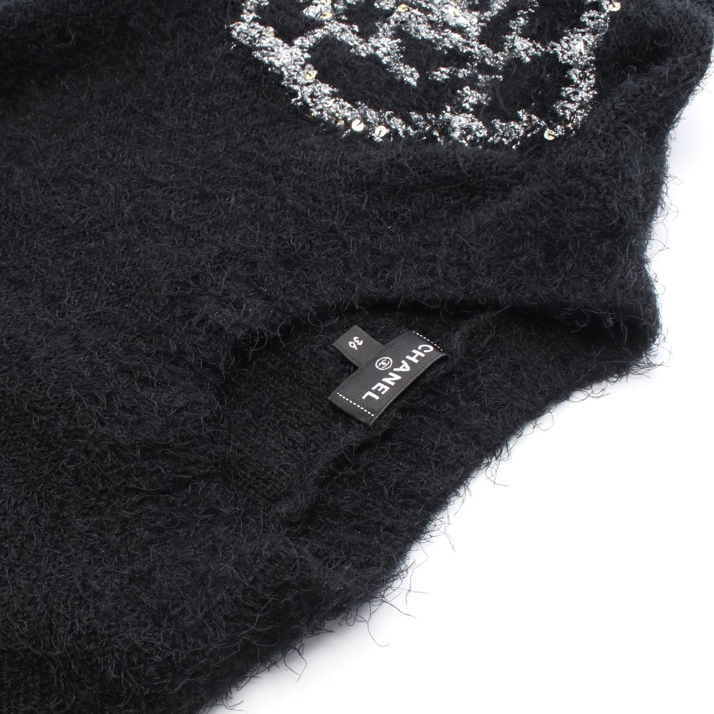 カメリア ニット クルーネック シルク カシミヤ ウール ブラック スパンコール シャネル トップス CHANEL