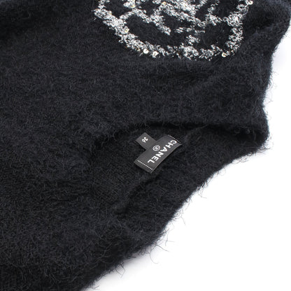 カメリア ニット クルーネック シルク カシミヤ ウール ブラック スパンコール シャネル トップス CHANEL
