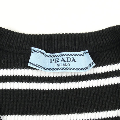 ロゴ刺繍 ニット クルーネック ボーダー コットン ブラック ホワイト プラダ トップス PRADA