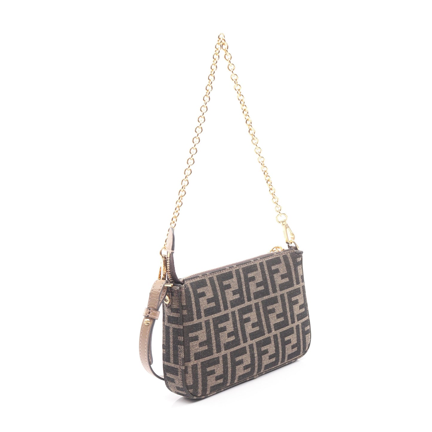 バゲットポーチ ズッカ チェーンハンドバッグ キャンバス レザー ブラウン ダークブラウン 2WAY フェンディ バッグ FENDI