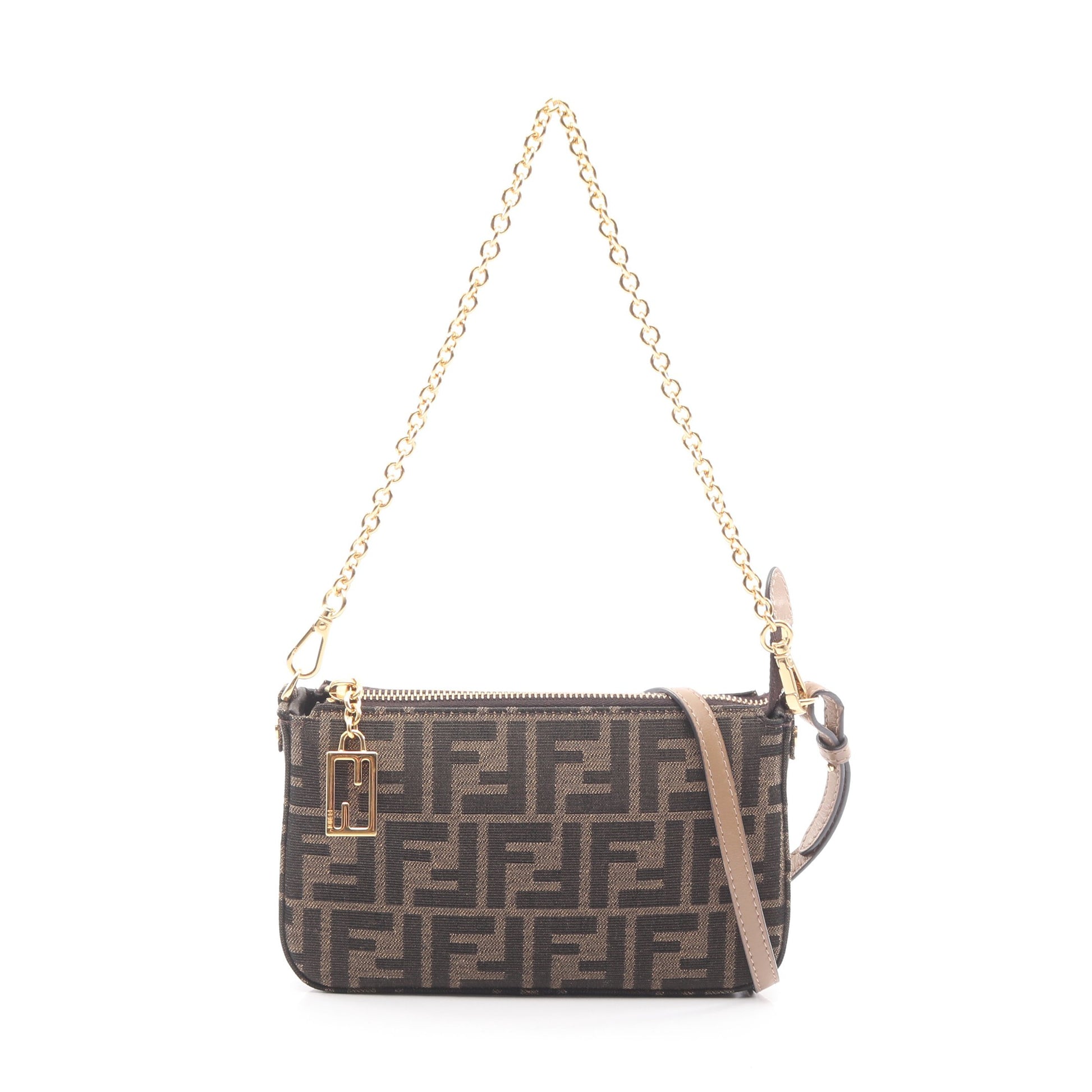 バゲットポーチ ズッカ チェーンハンドバッグ キャンバス レザー ブラウン ダークブラウン 2WAY フェンディ バッグ FENDI