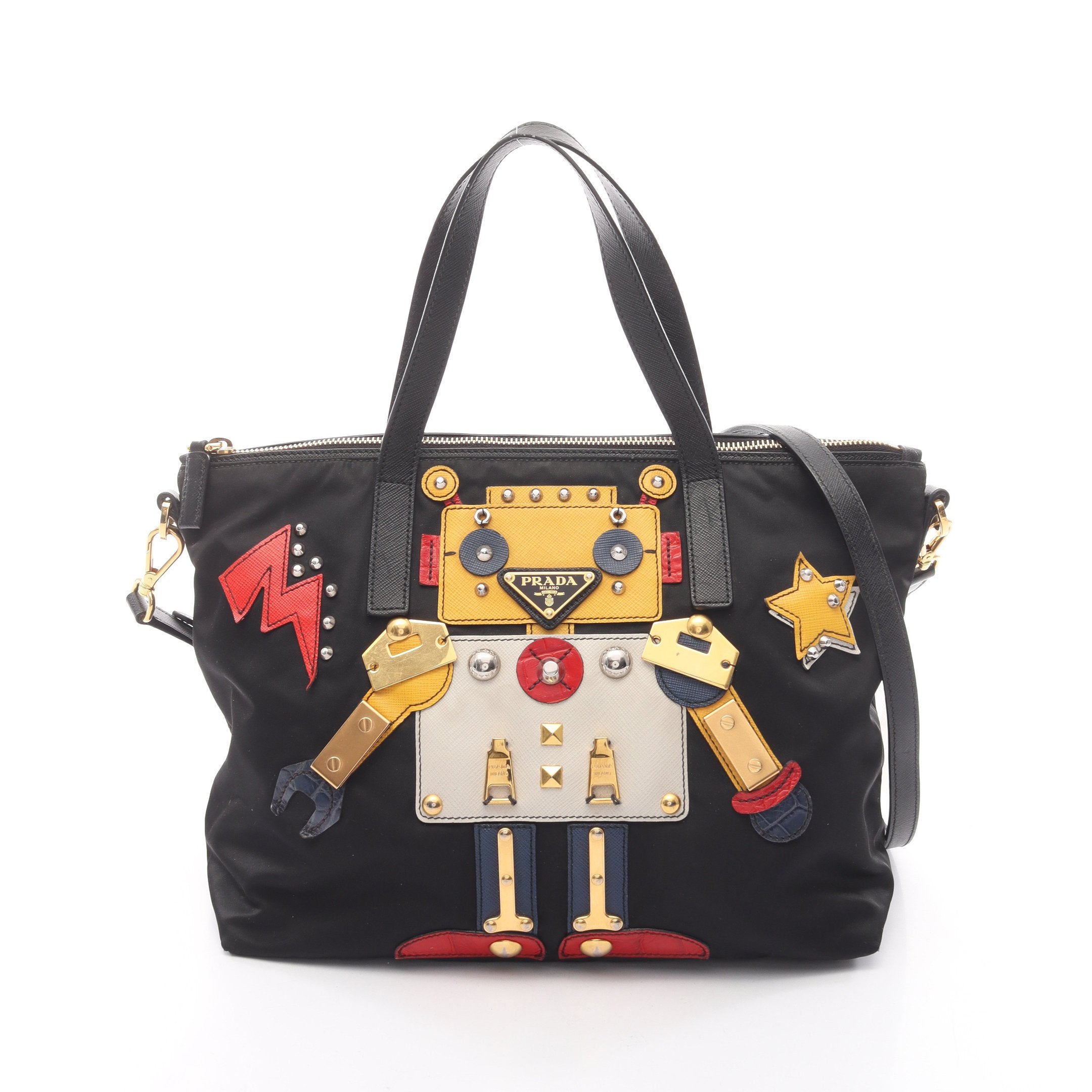 PRADA ロボット テスートナイロン サフィアーノレザー ブラック トート ハンドバッグ トートバッグ ロボット ナイロン サフィアーノレザー
