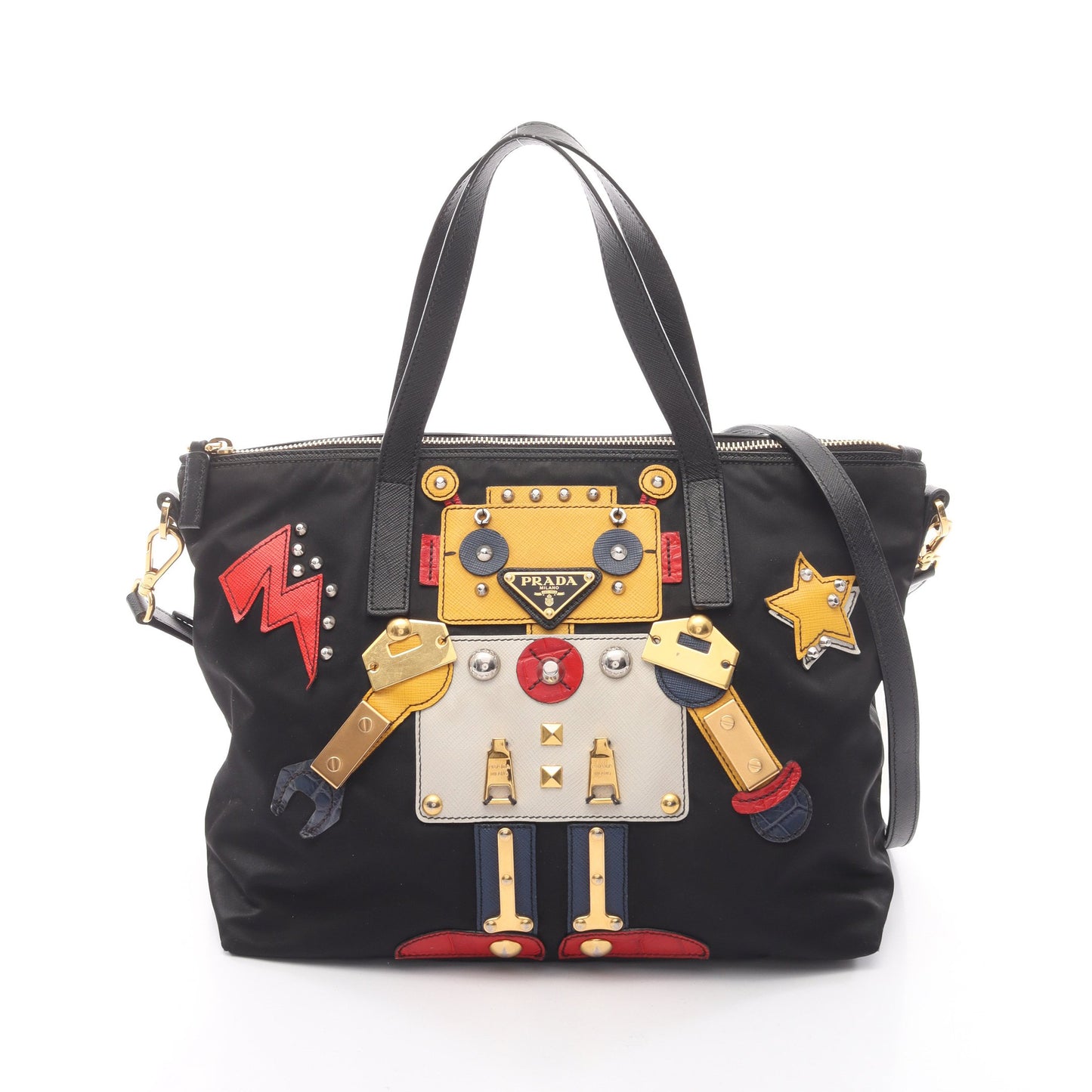 ハンドバッグ トートバッグ ロボット ナイロン サフィアーノレザー ブラック マルチカラー 2WAY プラダ バッグ PRADA