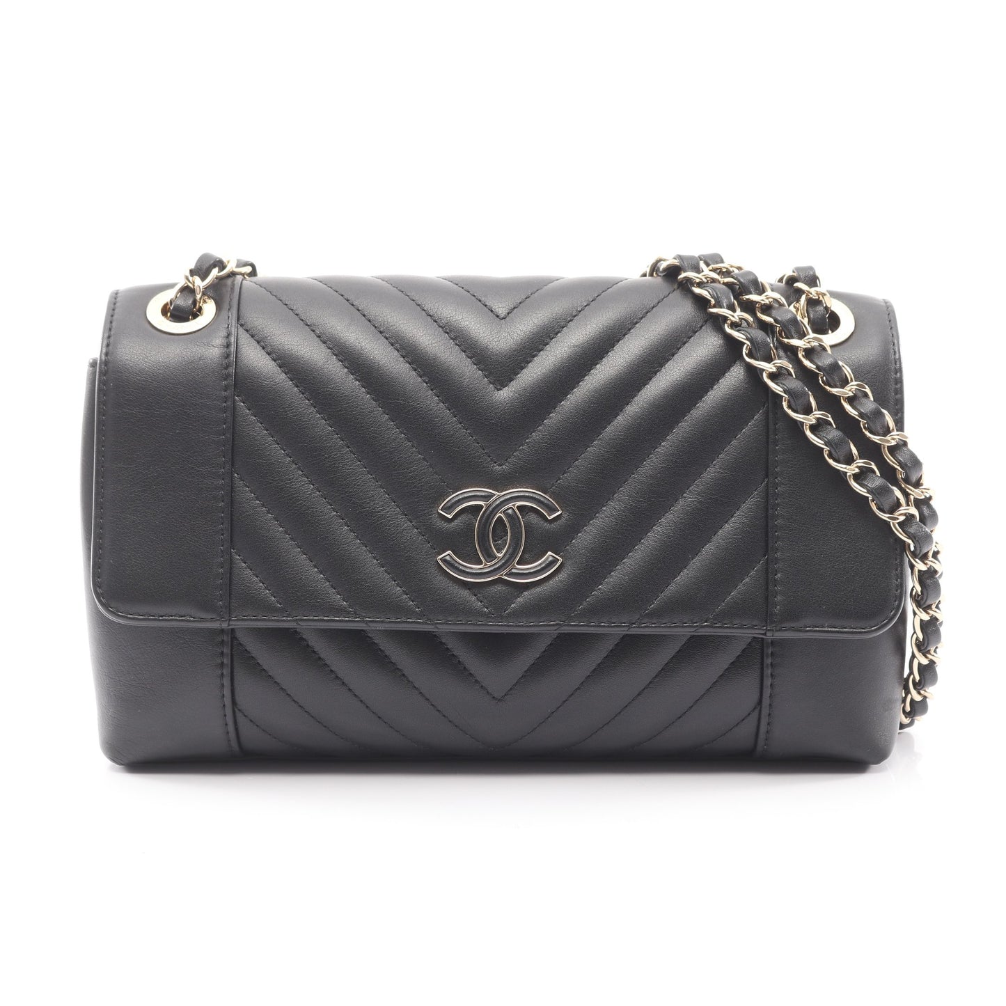 Vステッチ シェブロン Wチェーンショルダーバッグ ラムスキン ブラック ゴールド金具 シャネル バッグ CHANEL
