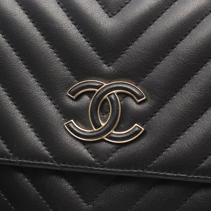 Vステッチ シェブロン Wチェーンショルダーバッグ ラムスキン ブラック ゴールド金具 シャネル バッグ CHANEL