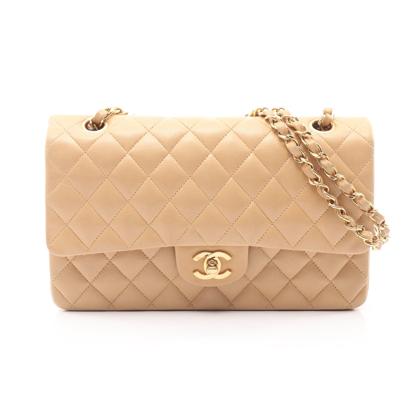 マトラッセ Wフラップ Wチェーンショルダーバッグ ラムスキン ベージュ ゴールド金具 シャネル バッグ CHANEL