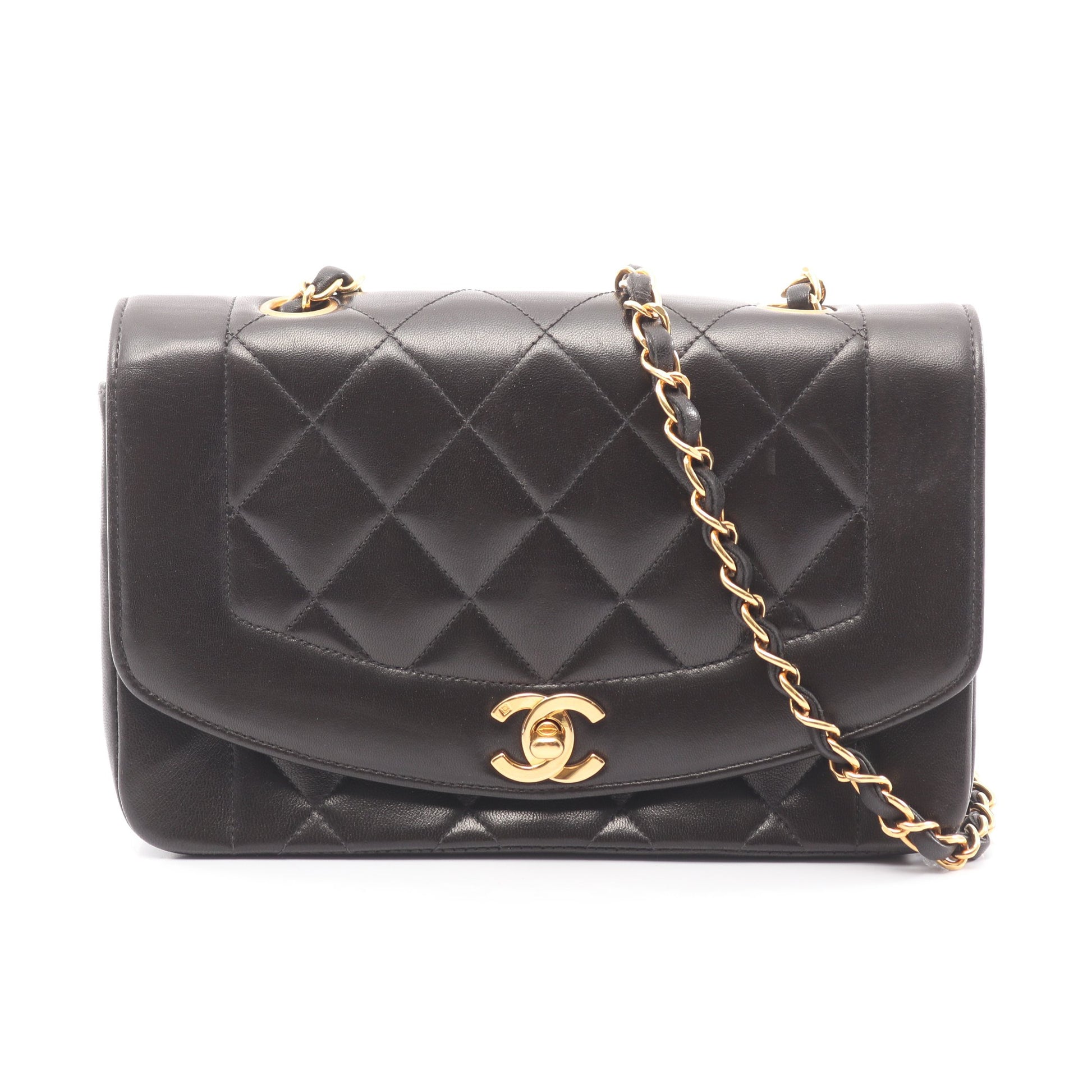 マトラッセ ダイアナフラップ チェーンショルダーバッグ ラムスキン ブラック ゴールド金具 シャネル バッグ CHANEL