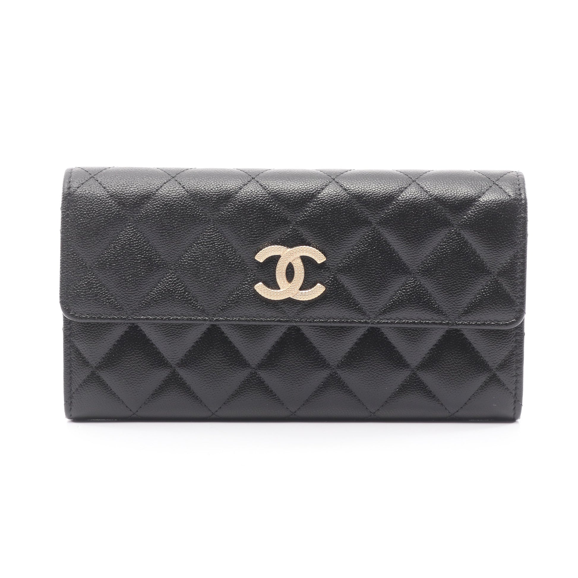 マトラッセ 二つ折り長財布 キャビアスキン ブラック ゴールド金具 シャネル 財布・小物 CHANEL