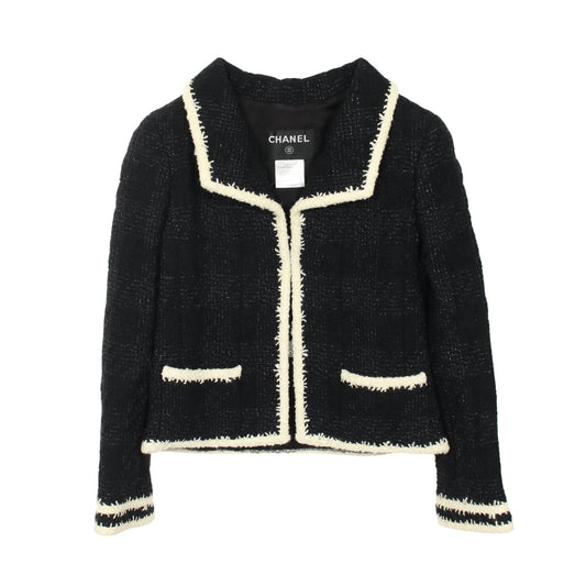 ココマーク グリポアボタン ツイード ジャケット ウール シルク モヘヤ ブラック アイボリー 06A シャネル