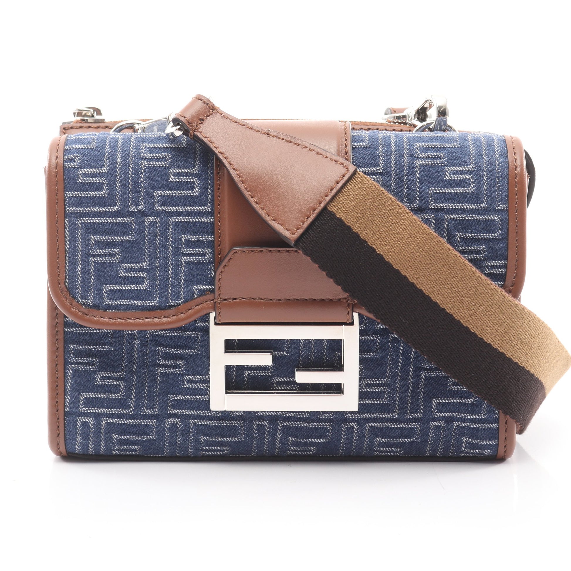 ダブルバゲット ズッカ ショルダーバッグ キャンバス レザー ネイビー ブラウン フェンディ バッグ FENDI