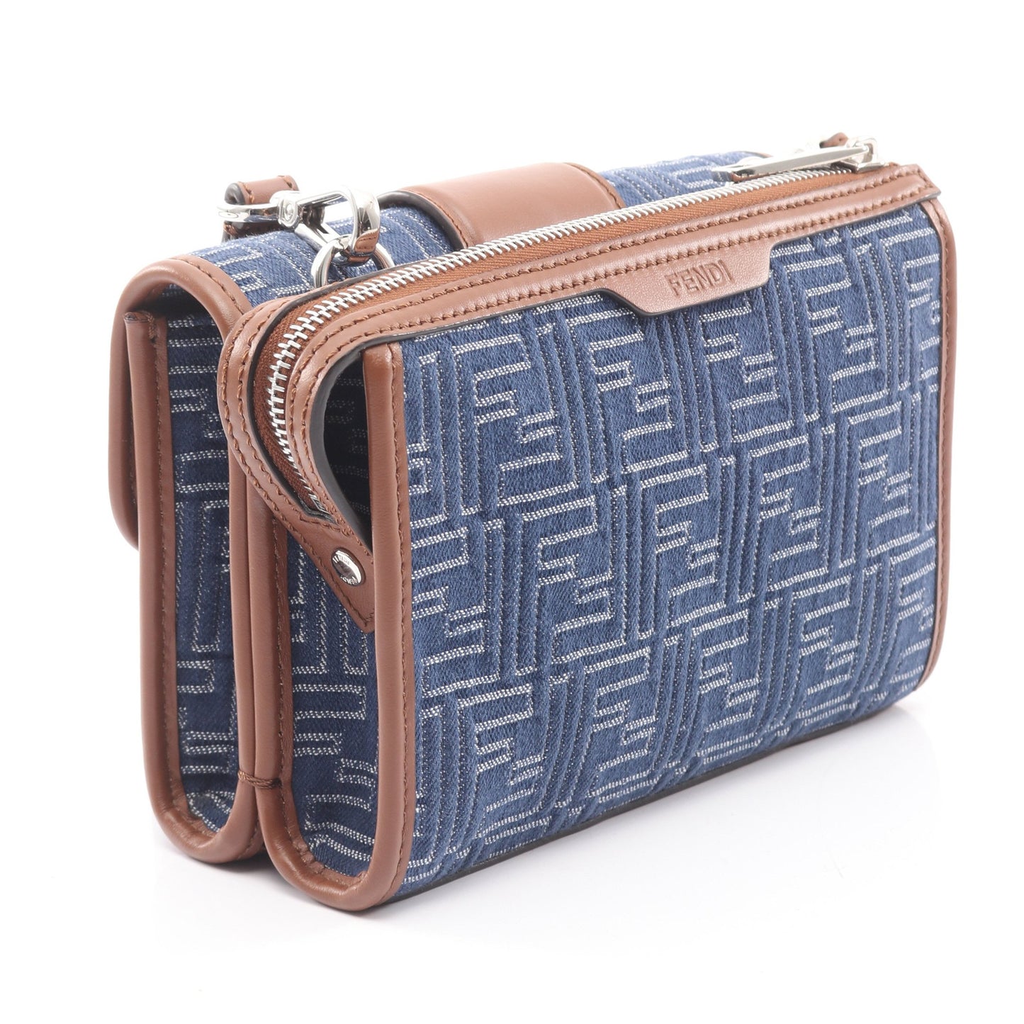 ダブルバゲット ズッカ ショルダーバッグ キャンバス レザー ネイビー ブラウン フェンディ バッグ FENDI