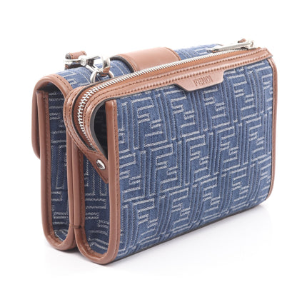 ダブルバゲット ズッカ ショルダーバッグ キャンバス レザー ネイビー ブラウン フェンディ バッグ FENDI