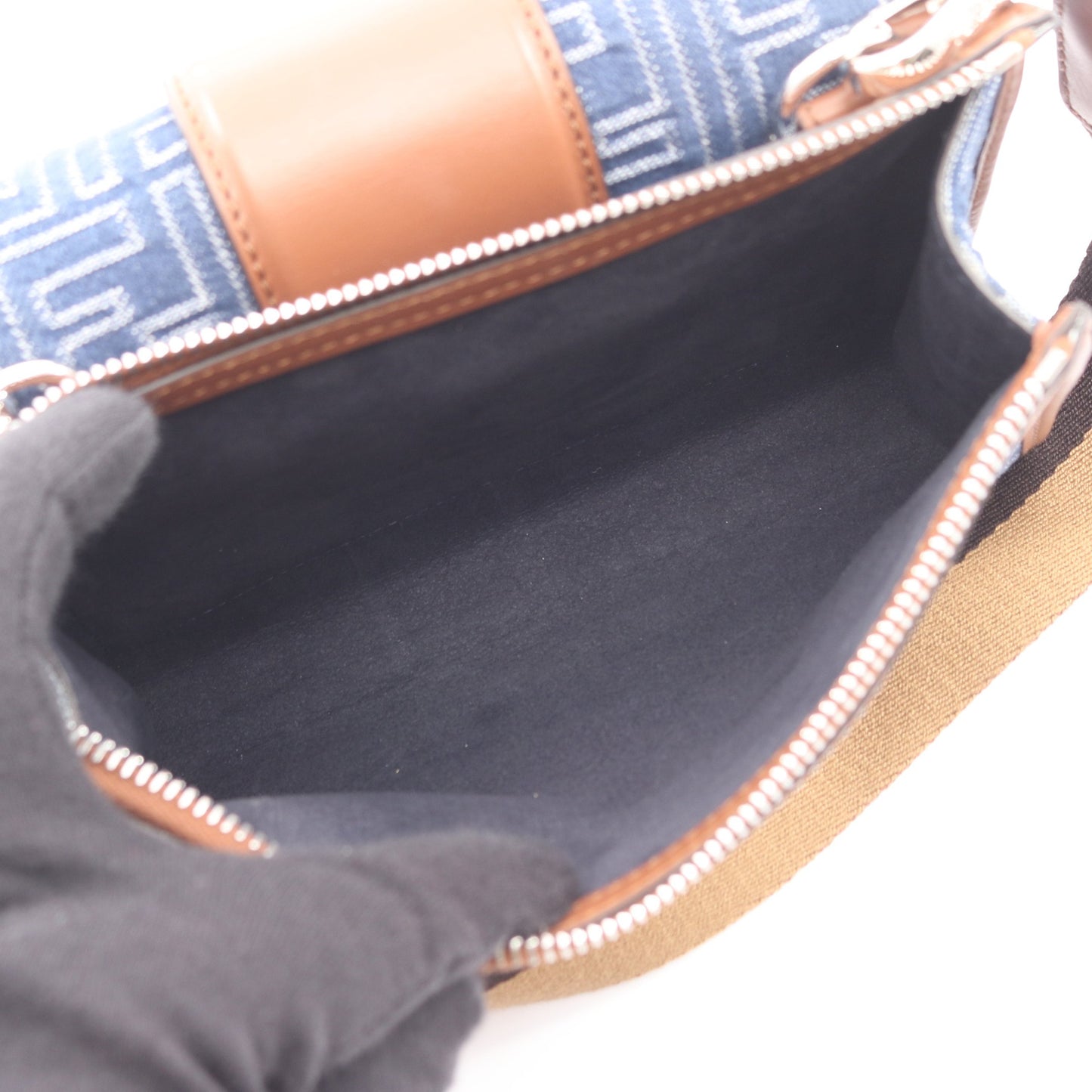 ダブルバゲット ズッカ ショルダーバッグ キャンバス レザー ネイビー ブラウン フェンディ バッグ FENDI