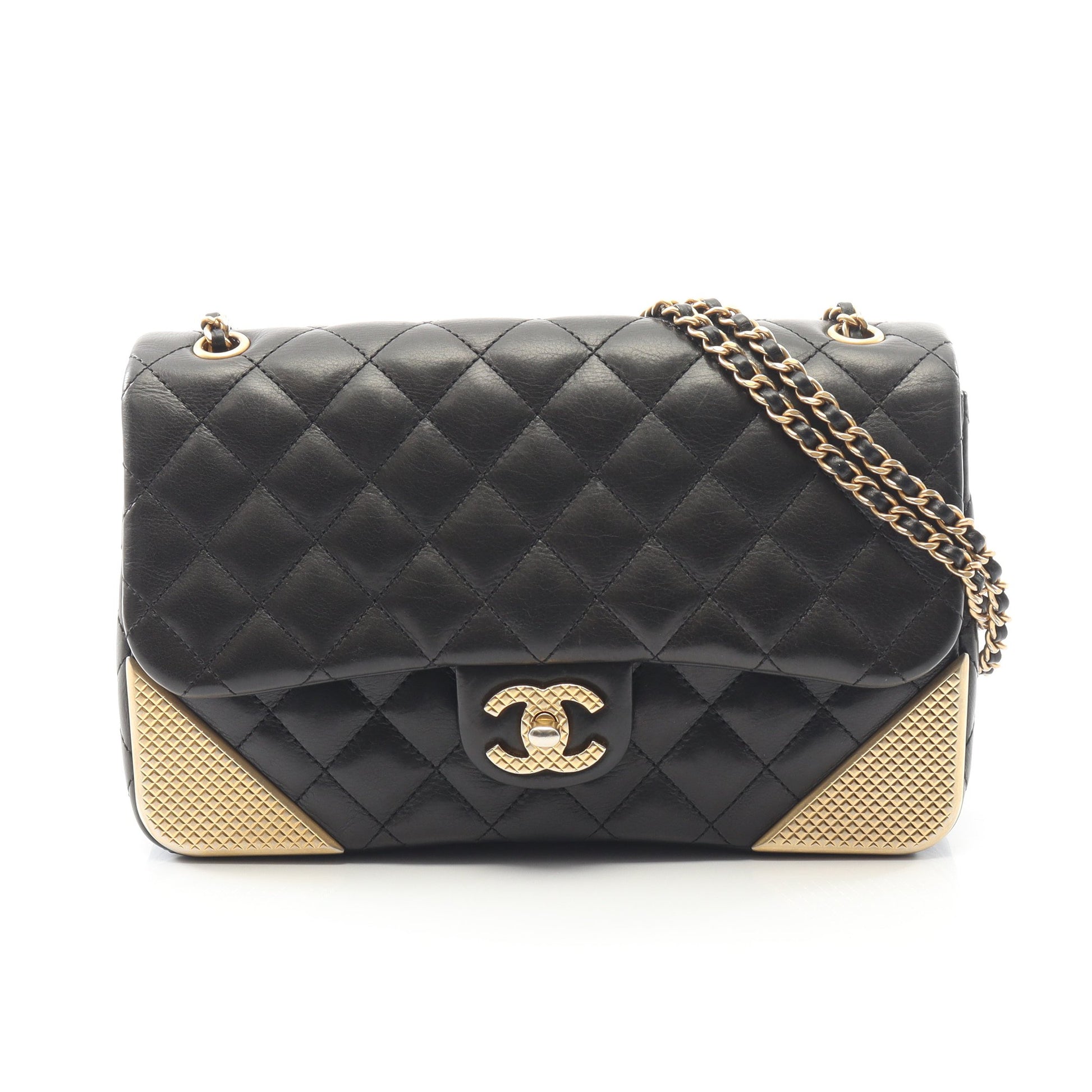 マトラッセ Wチェーンショルダーバッグ ラムスキン ブラック ゴールド金具 シャネル バッグ CHANEL